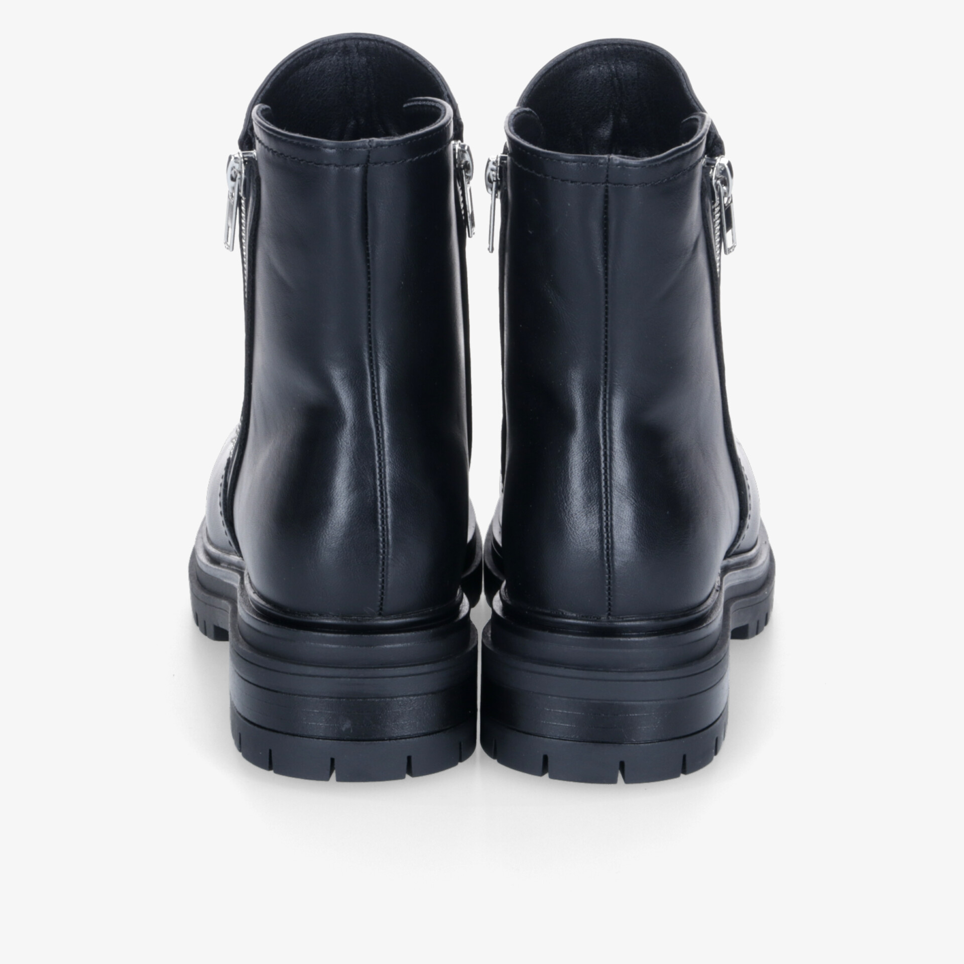Elegante schwarze Lederstiefeletten mit Reißverschluss, robustem Design und modernem Stil.