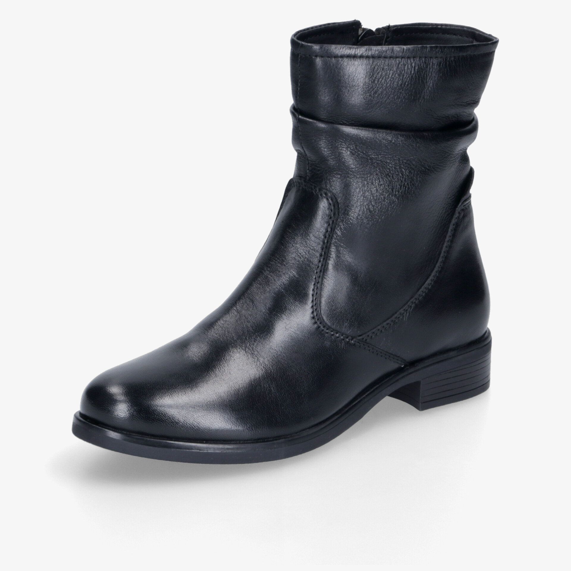 Schwarze Lederstiefelette mit elegantem Design und robuster Sohle, ideal für stilvolle Herbst- und Winteroutfits.