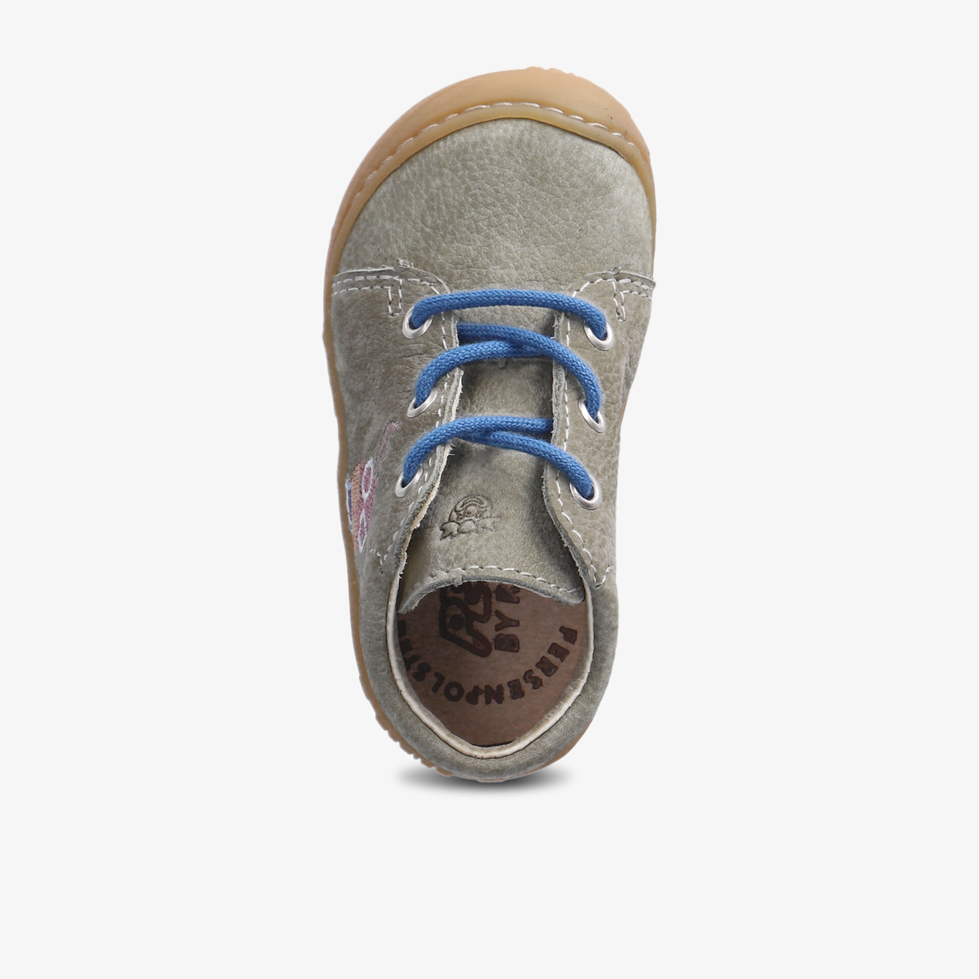 Robuster Kinderschuh aus grauem Wildleder mit blauen Schnürsenkeln und rutschfester Sohle, ideal für Abenteuer.