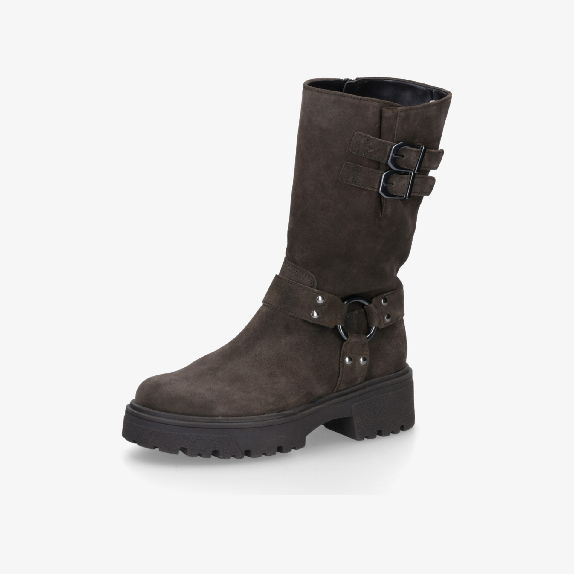 Brauner robuster Stiefel mit dicker Sohle und dekorativen Schnallen in schräger Frontalansicht