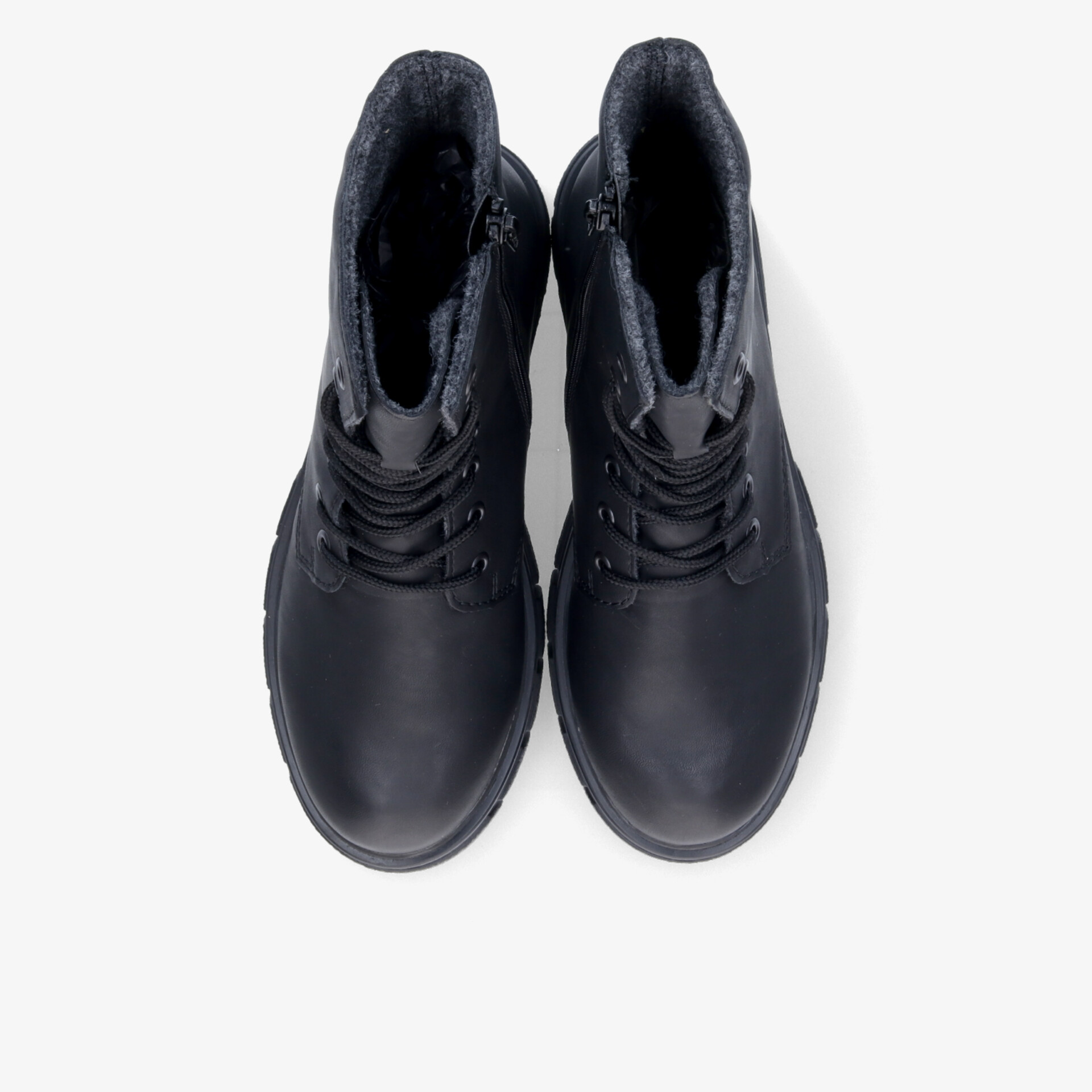 Robuste schwarze Schnürstiefel aus hochwertigem Leder mit bequemer Passform und rutschfester Sohle, Paar Draufsicht