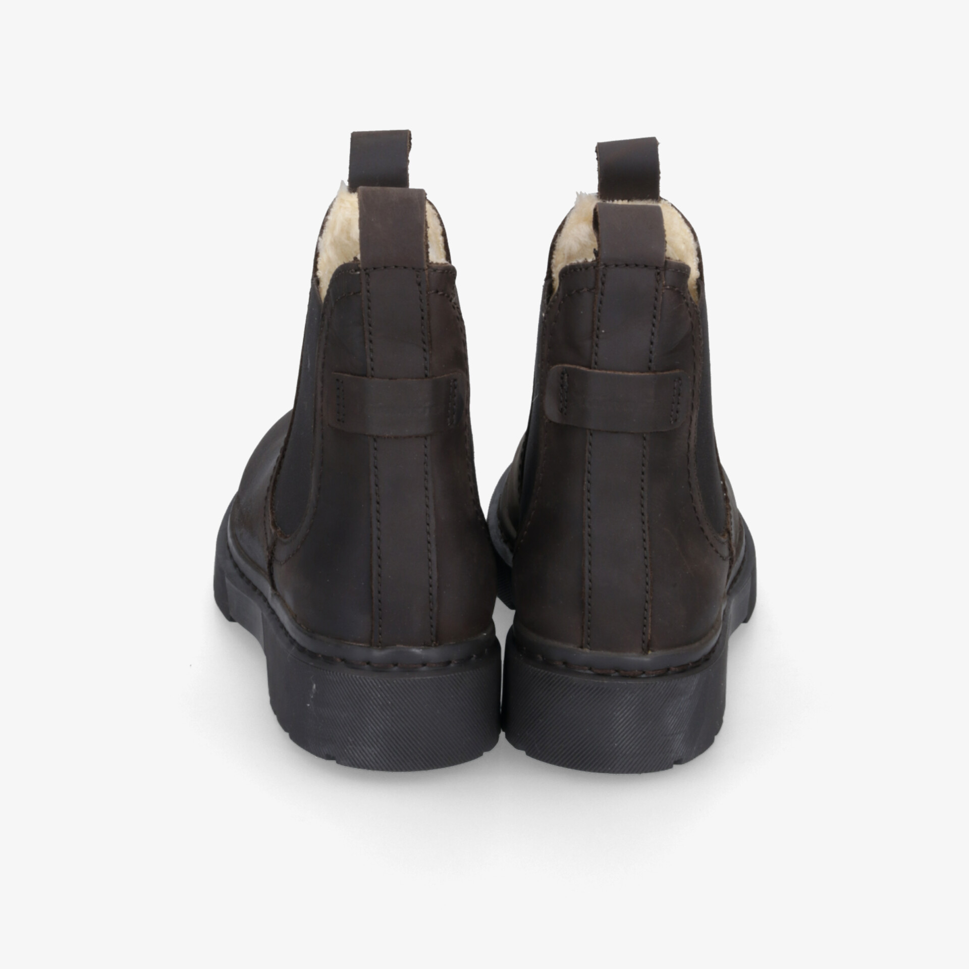 Schwarze Stiefeletten im Paar mit robustem Absatz und glattem Leder, von hinten abgebildet