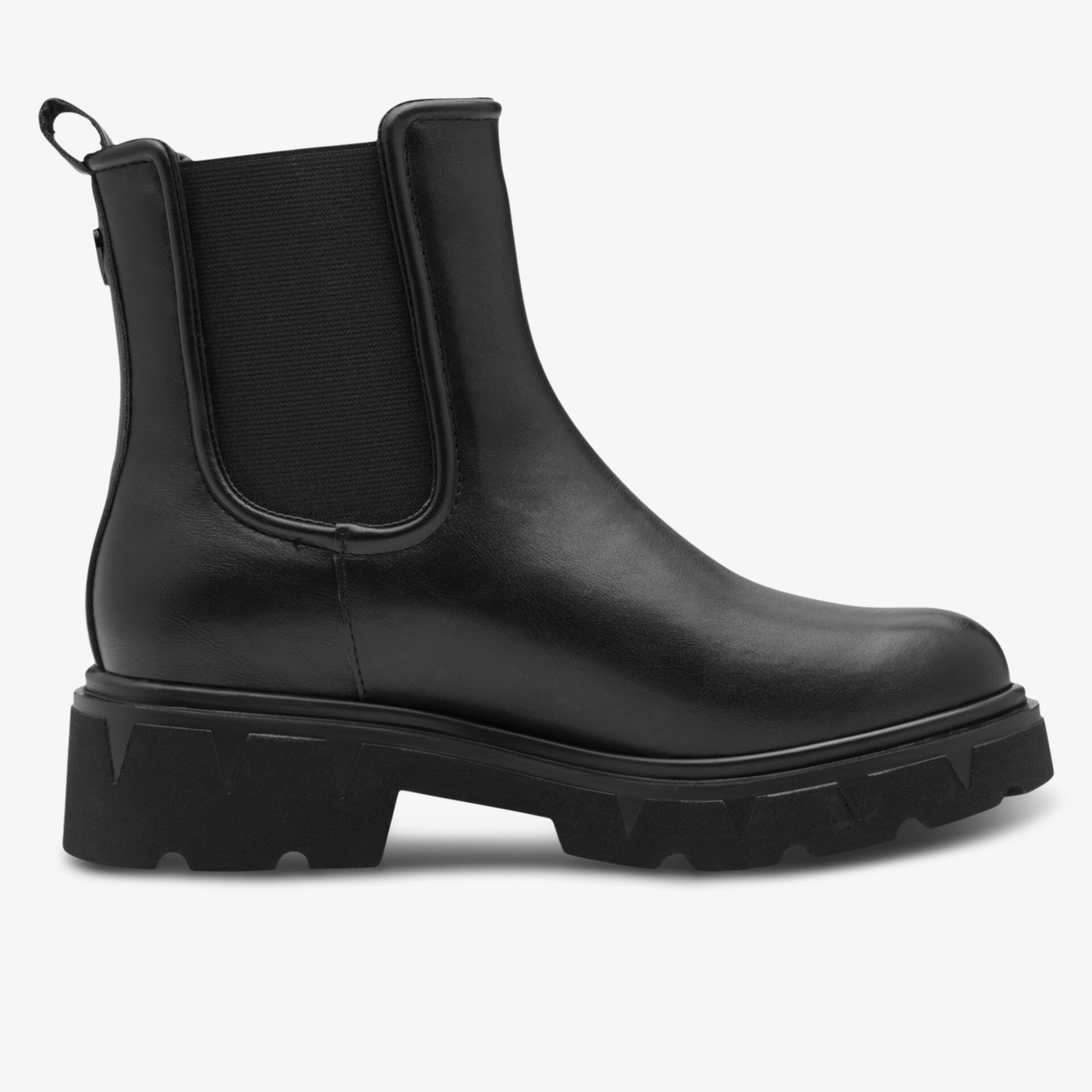 Schwarzer Chelsea Boot aus glattem Leder mit elastischen Seiten und robustem Blockabsatz für modischen Komfort