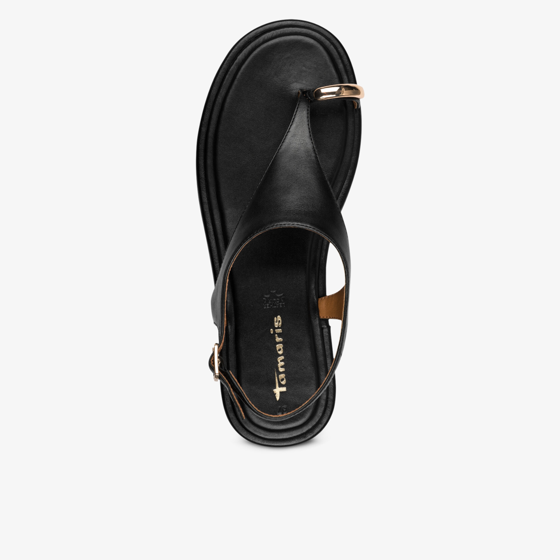 Obere Draufsicht einer schwarzen Sandale mit verstellbarem Riemen und bequemer Sohle