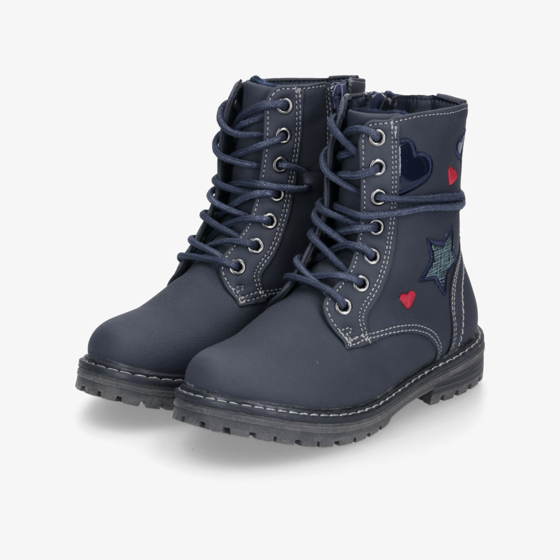 Robuste blaue Schnürstiefel als vollständiges Paar mit stabilem Profil und gepolstertem Schaftrand für komfortablen Halt