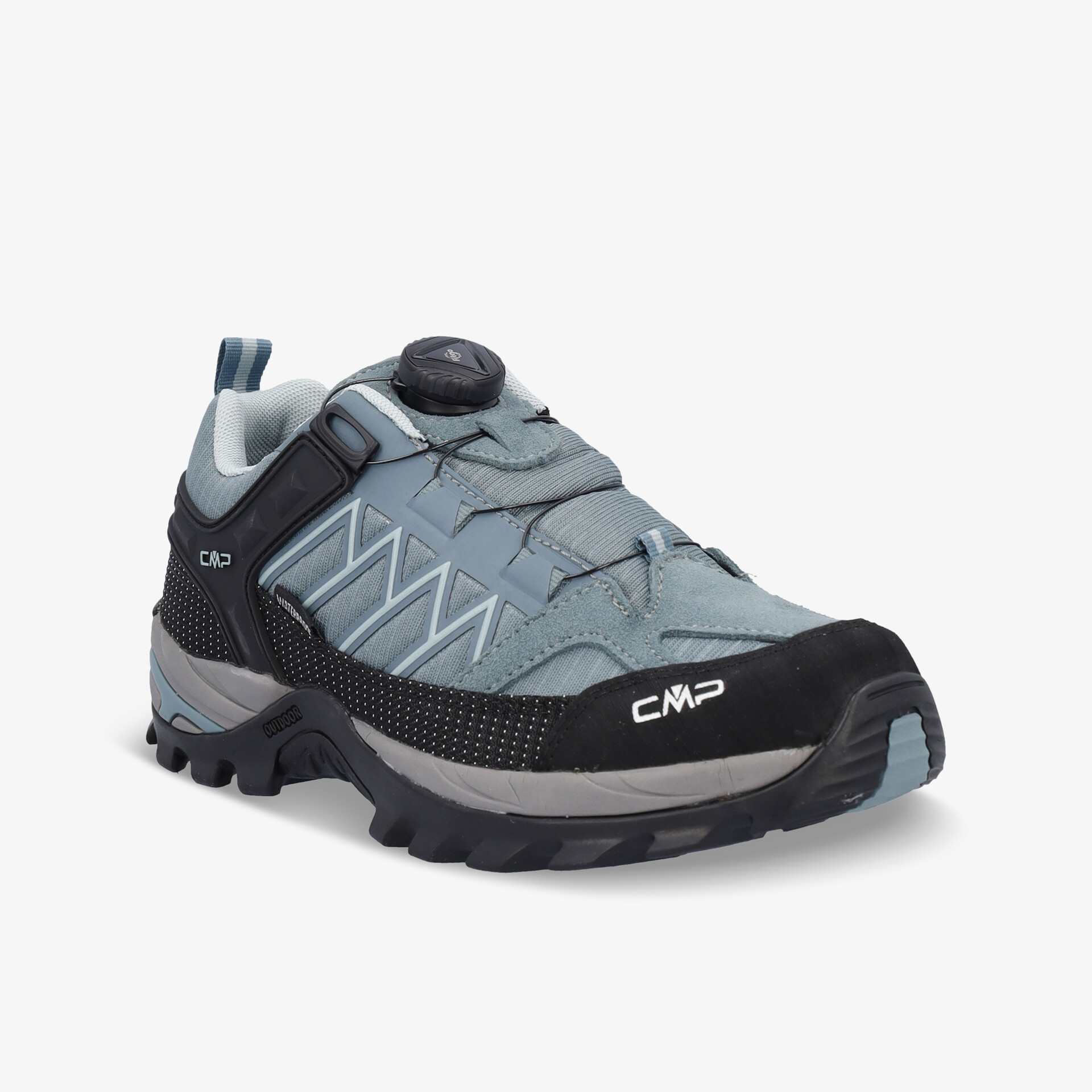 Robuster grauer Trekkingschuh mit atmungsaktivem Material, rutschfester Sohle und schnellem Schnürsystem