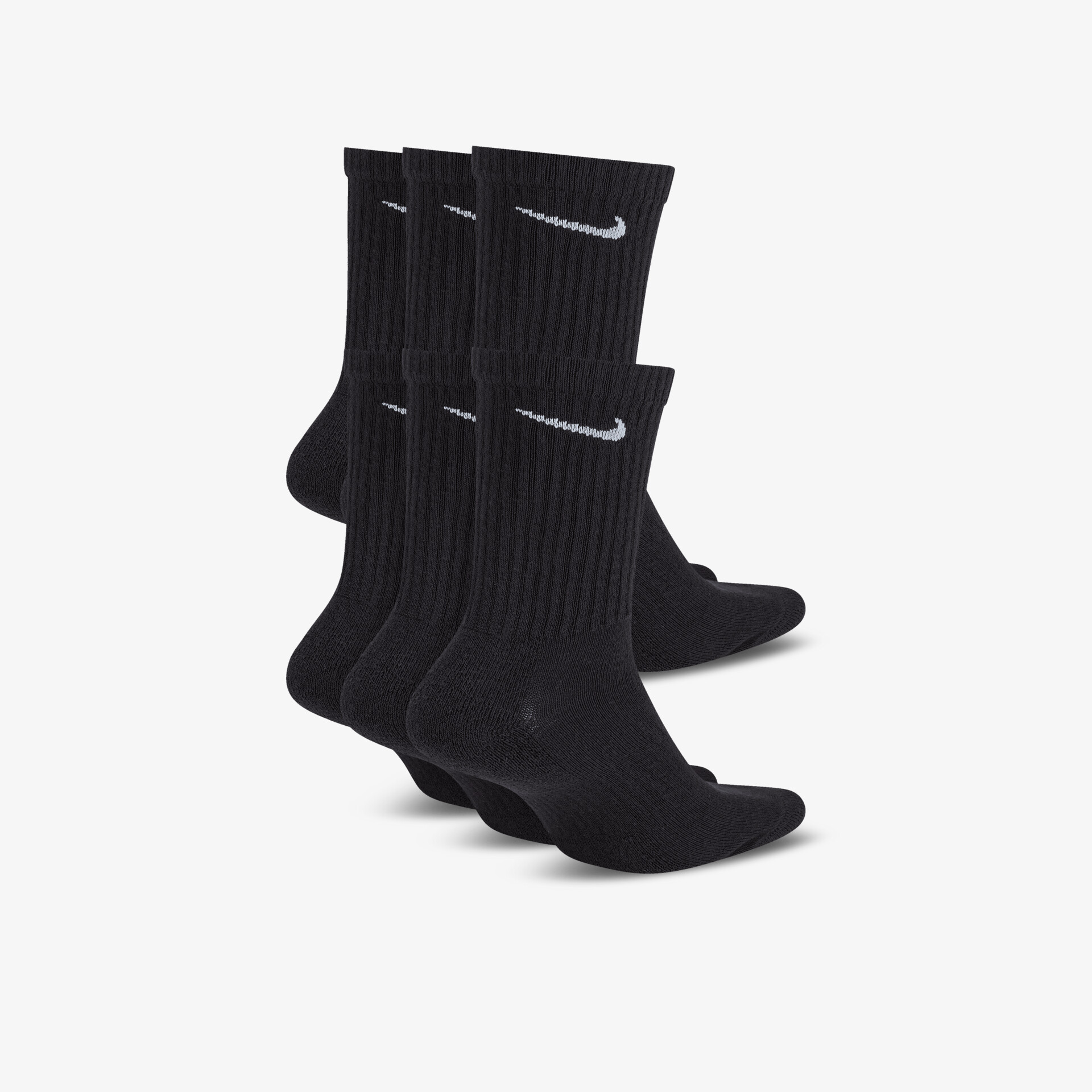 Drei Paar schwarze sportliche Socken mit elastischem Bund und charakteristischem weißen Logo, ideal für Alltag und Sport