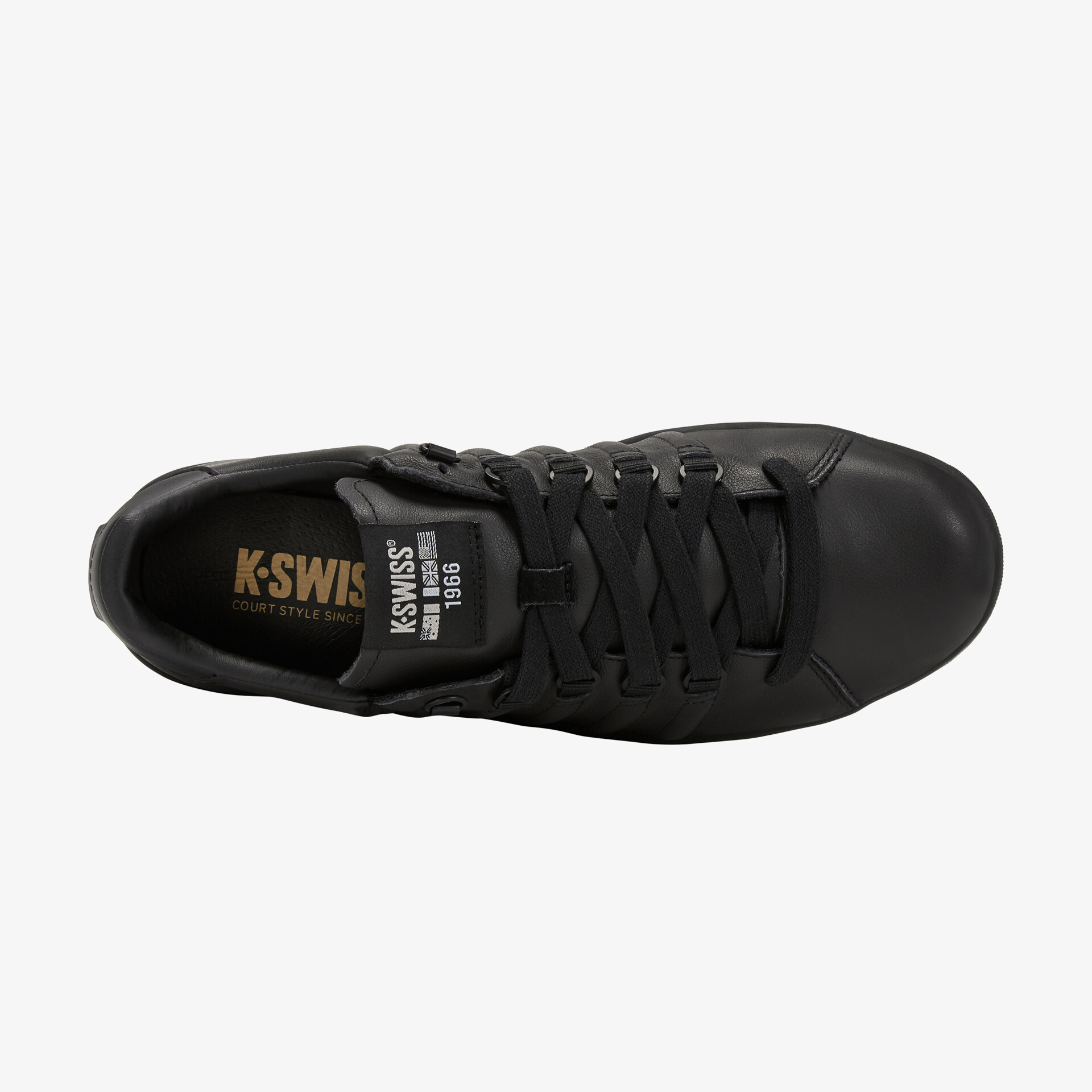 Schwarzer Sneaker von oben, stilvoll und langlebig, mit klassischem Design für optimalen Komfort.