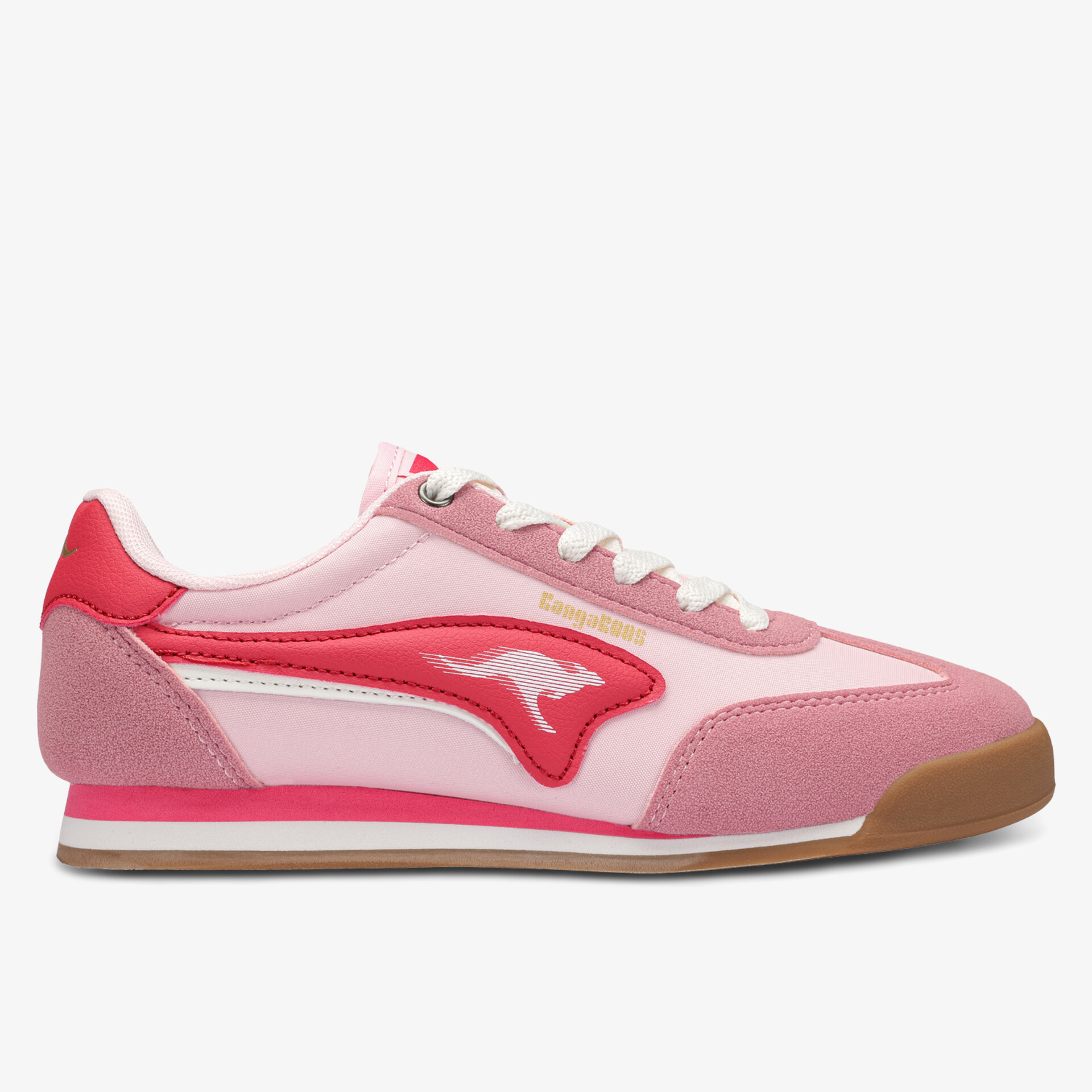 Seitliche Ansicht eines komfortablen, stylischen und leichten Sneakers mit robuster Sohle in Rosa