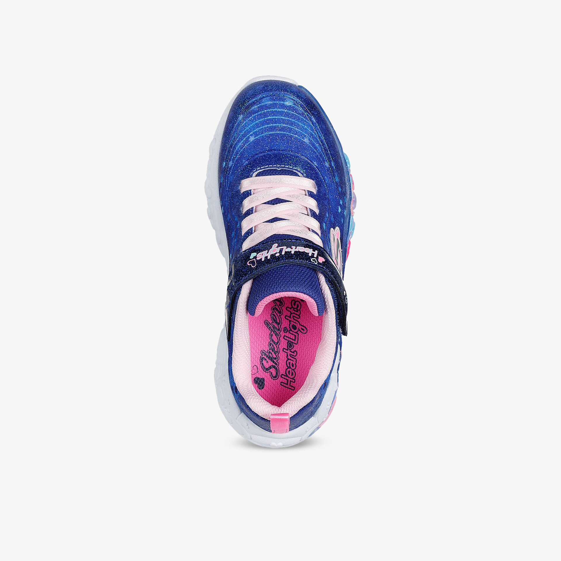 Blauer Sneaker mit weißer Sohle, elastischen Schnürsenkeln und weicher Innensohle aus Draufsicht fotografiert