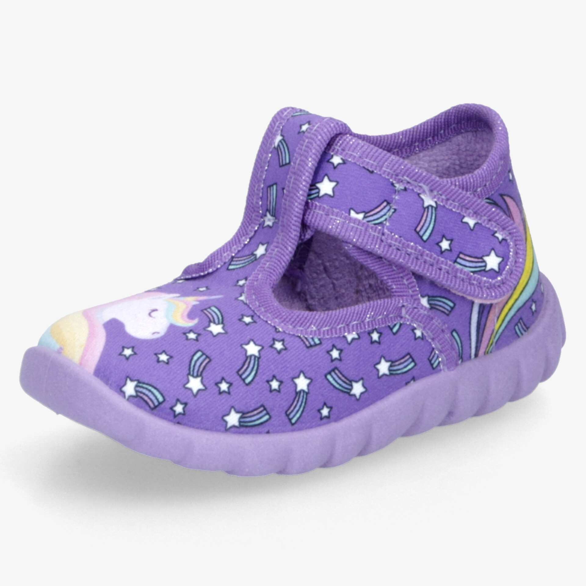 Violetter Kinderhausschuh mit weichem Material, verstellbarem Klettverschluss und rutschfester Sohle, bunter Regenbogenmotiv