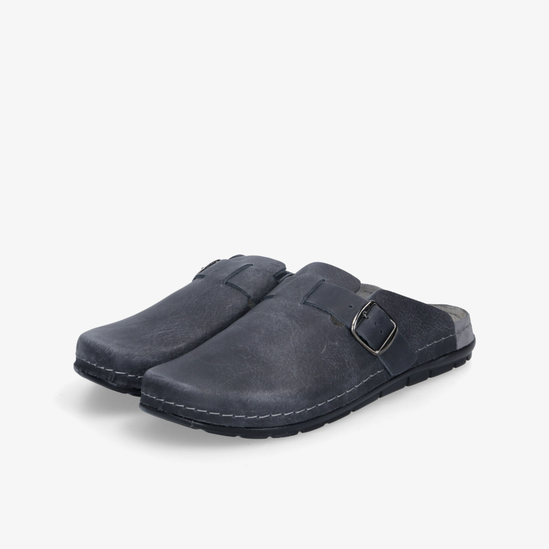 Dunkelblauer bequemer Pantoffel mit weicher flexible Sohle und verstellbarer Schnalle für optimalen Sitz