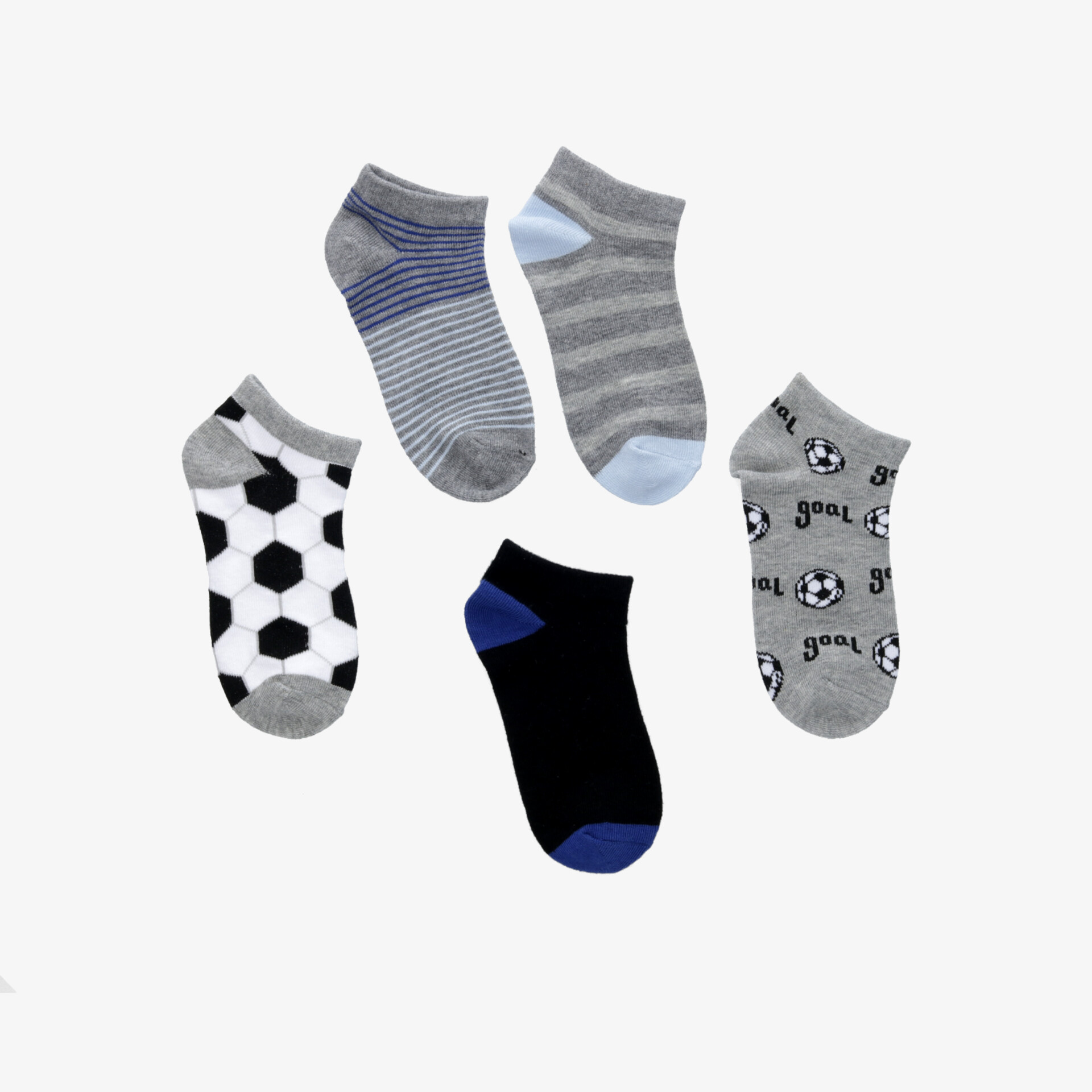 Fünf bunte niedrig geschnittene Socken mit verschiedenen Mustern, bequem und elastisch für den Alltag