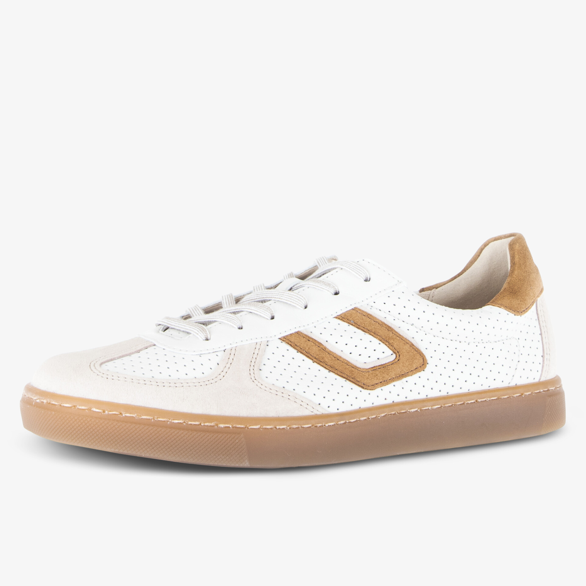 Moderner Sneaker in Weiß und Braun mit Gummisohle und Perforationen für Komfort und Stil.