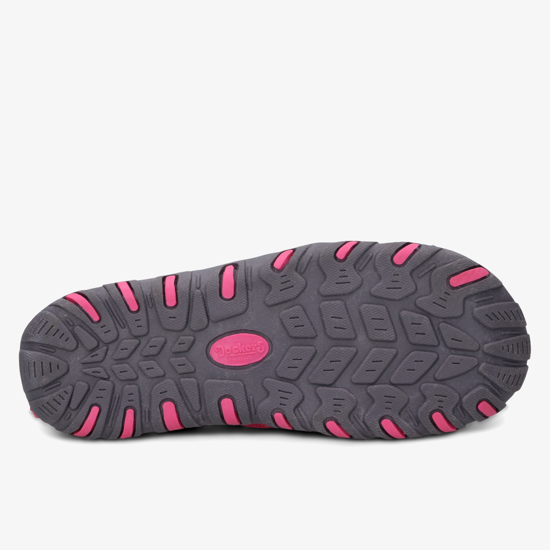 Robuste graue Schuhsohle mit pinken Profilabschnitten für optimale Traktion und Rutschfestigkeit