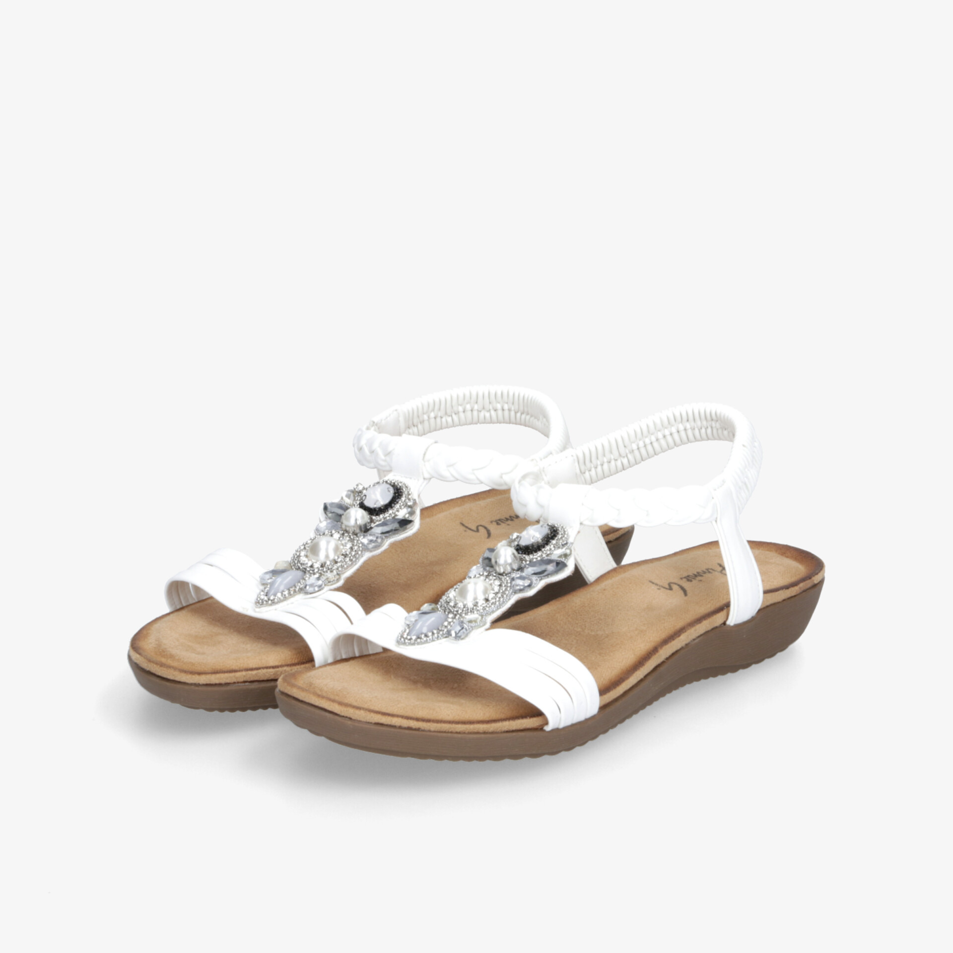 Bequeme weiße Sandalen mit verstellbaren Riemen und dekorativen Perlen, leichter Absatz für sommerlichen Tragekomfort