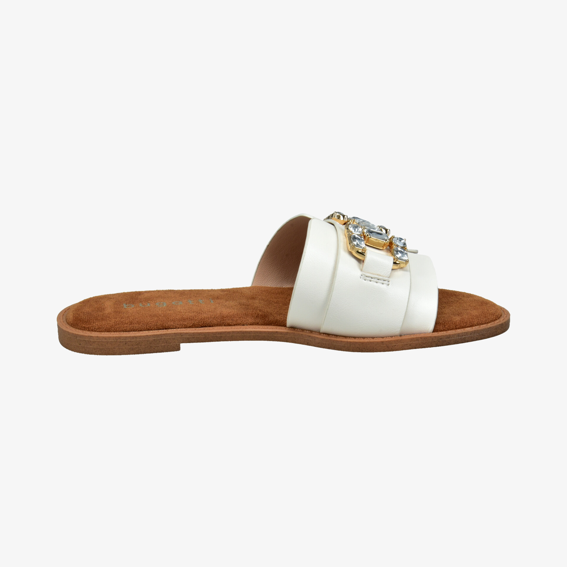 Weißer flacher Slide mit dekorativem Stein verziert, bequemes weiches Fußbett, seitliche Ansicht