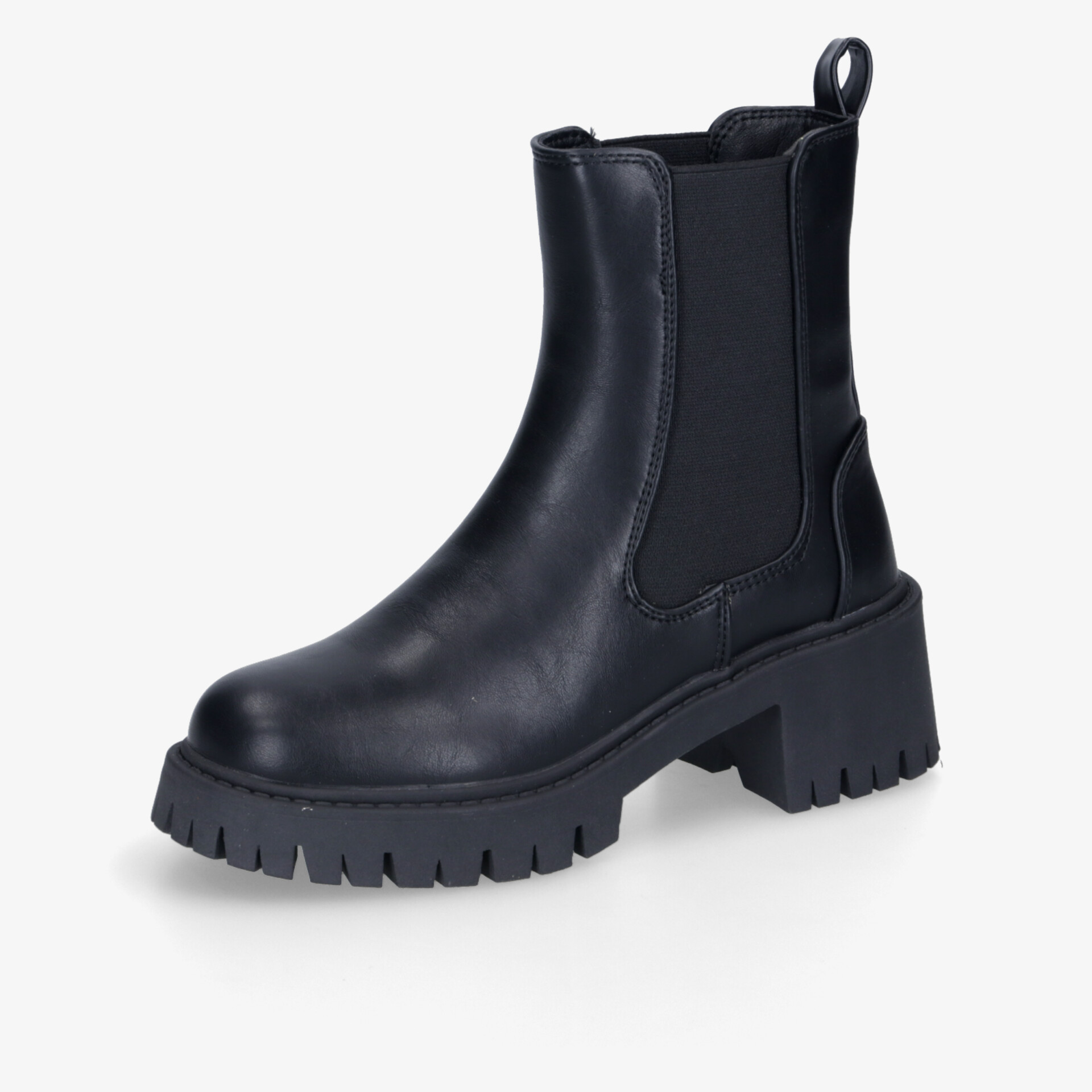 Schwarze Chelsea Boots aus Leder mit robuster Profilsohle und Blockabsatz für modernen und stilvollen Look.
