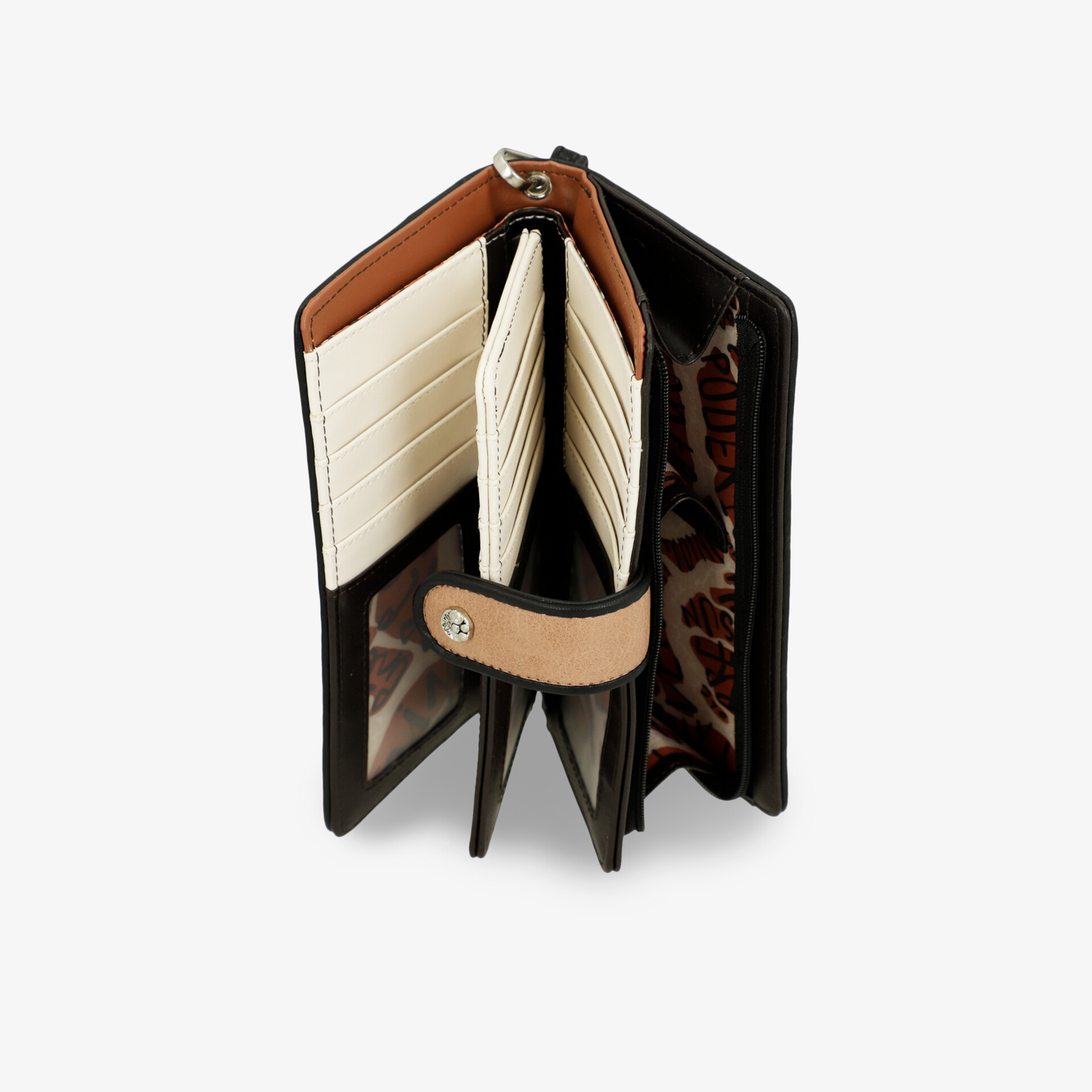 Praktischer Geldbeutel offen mit vielen Fächern für Karten und Münzen, strukturierte Oberfläche, sicherer Verschluss