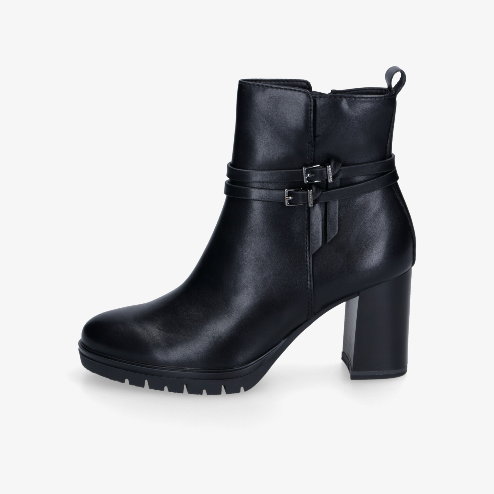 Elegante schwarze Ankle Boot mit hohem Absatz, seitlichem Reißverschluss und robustem Profil, bequemer Schnitt und modisches Design
