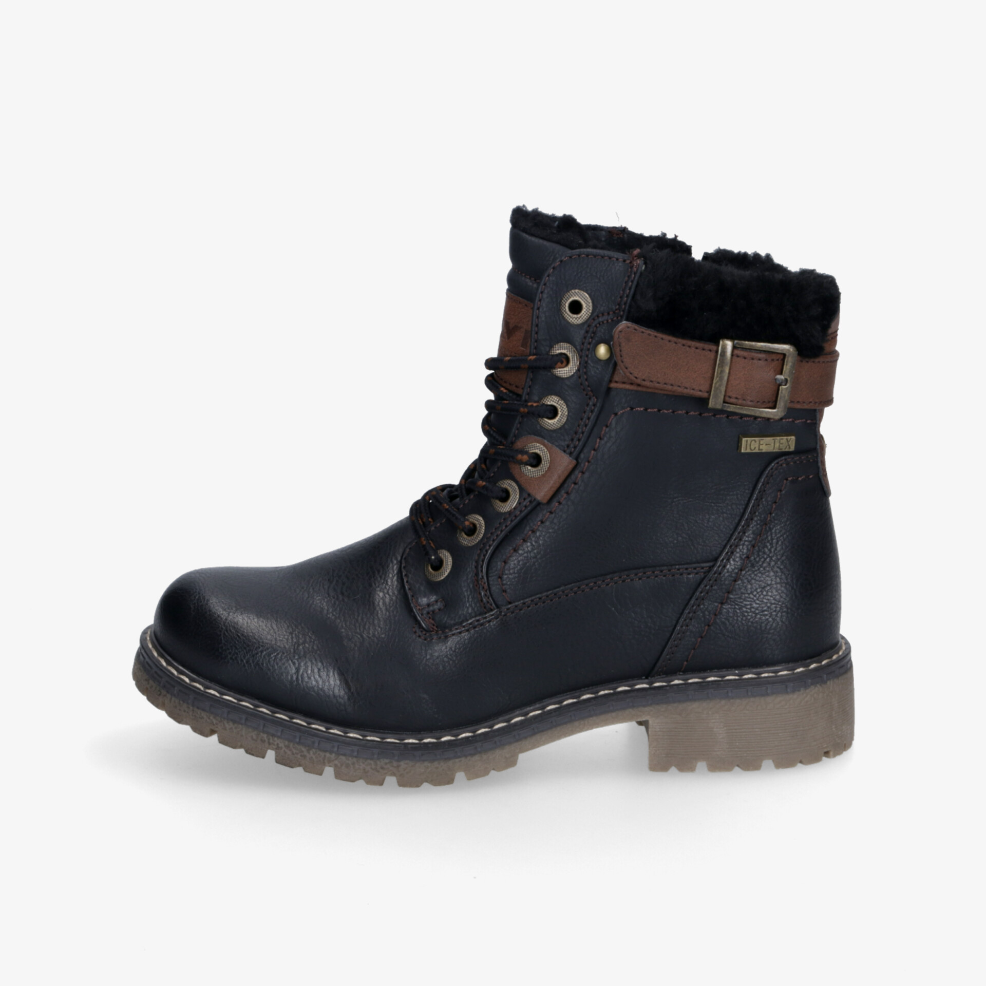 Robuster schwarzer Winterstiefel seitliche Ansicht mit warmem Innenfutter und rutschfester Sohle für optimalen Tragekomfort