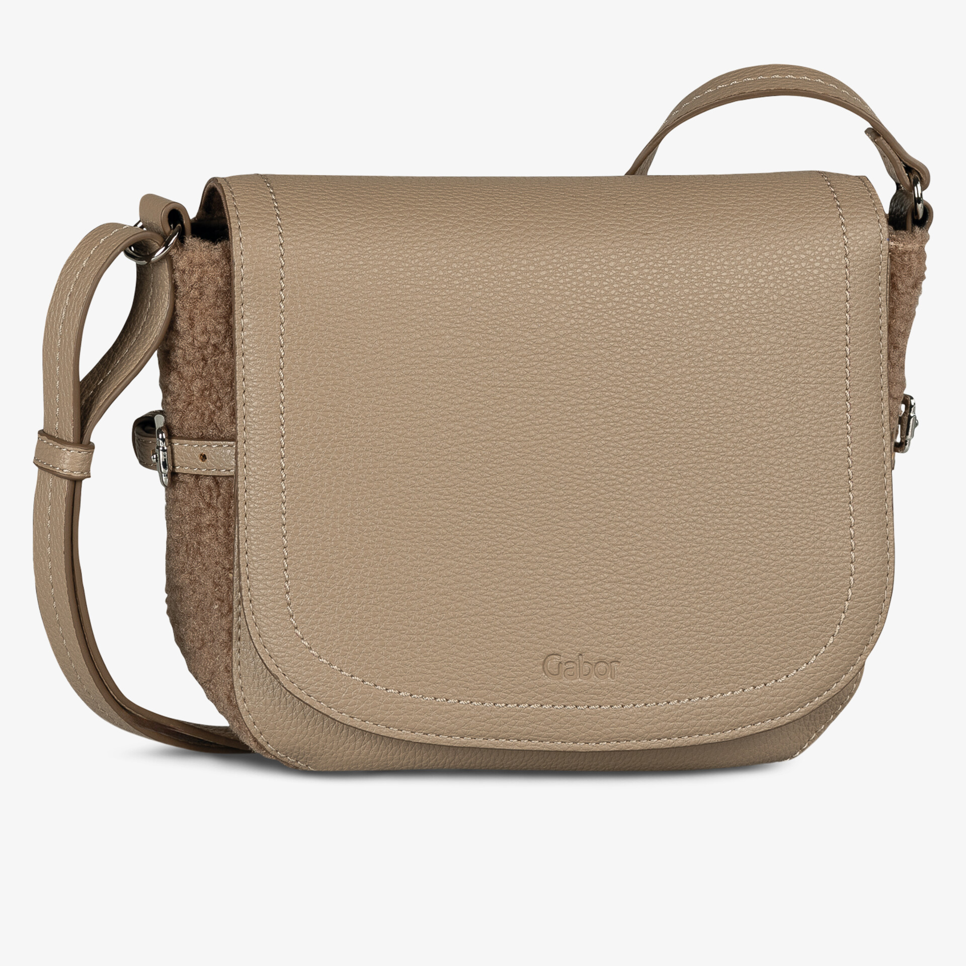Kompakte beige Ledertasche mit strukturierter Oberfläche und verstellbarem Schulterriemen, moderner Look