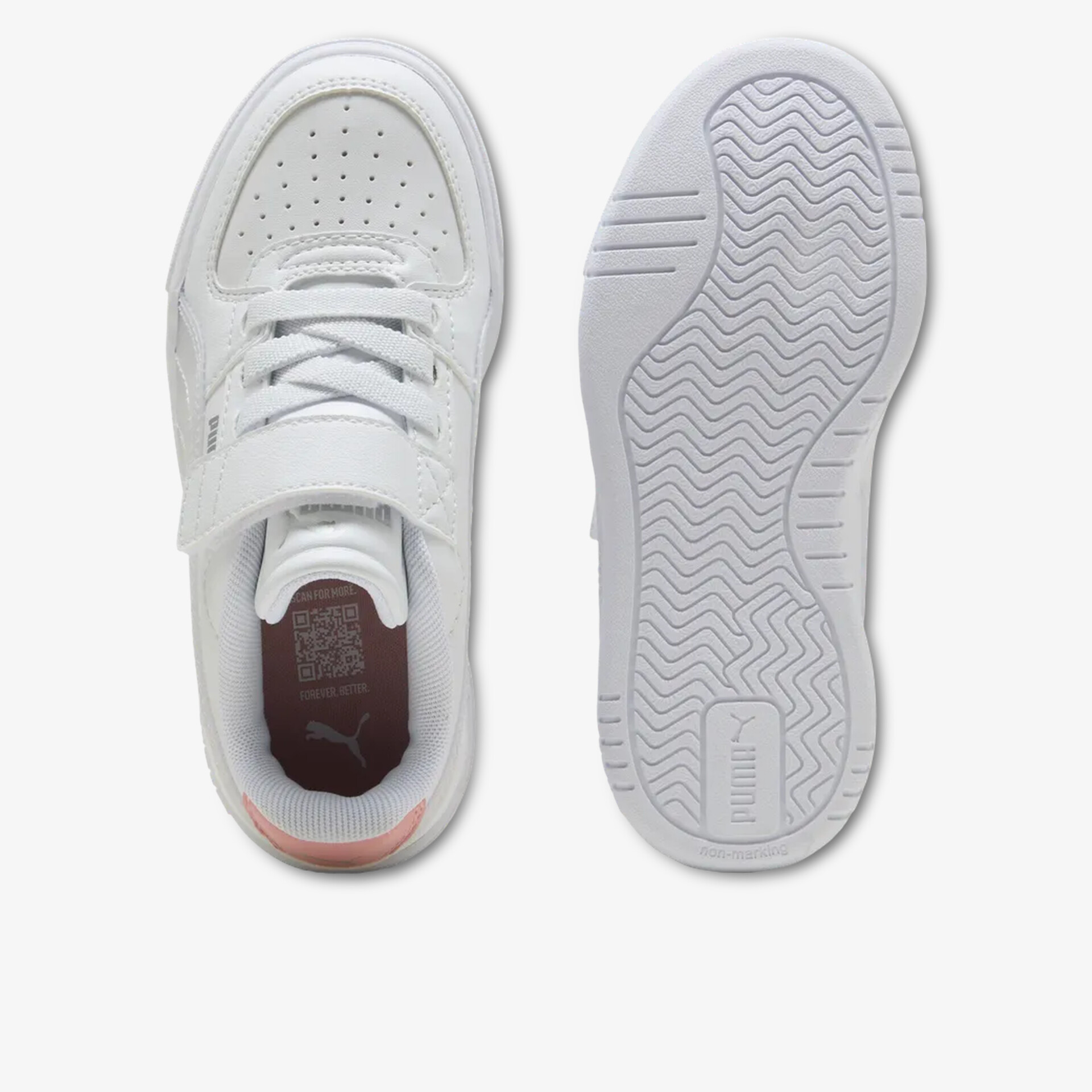 Weißer Sneaker mit atmungsaktivem Obermaterial, komfortabler Polsterung und rutschfester Sohle in Draufsicht