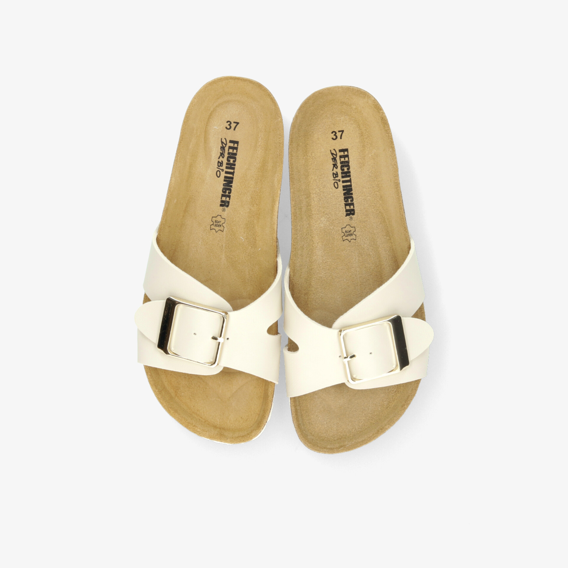 Bequeme weiße Slip-On Sandalen mit verstellbarer großer Schnalle und Korkfußbett, oben liegend gezeigt