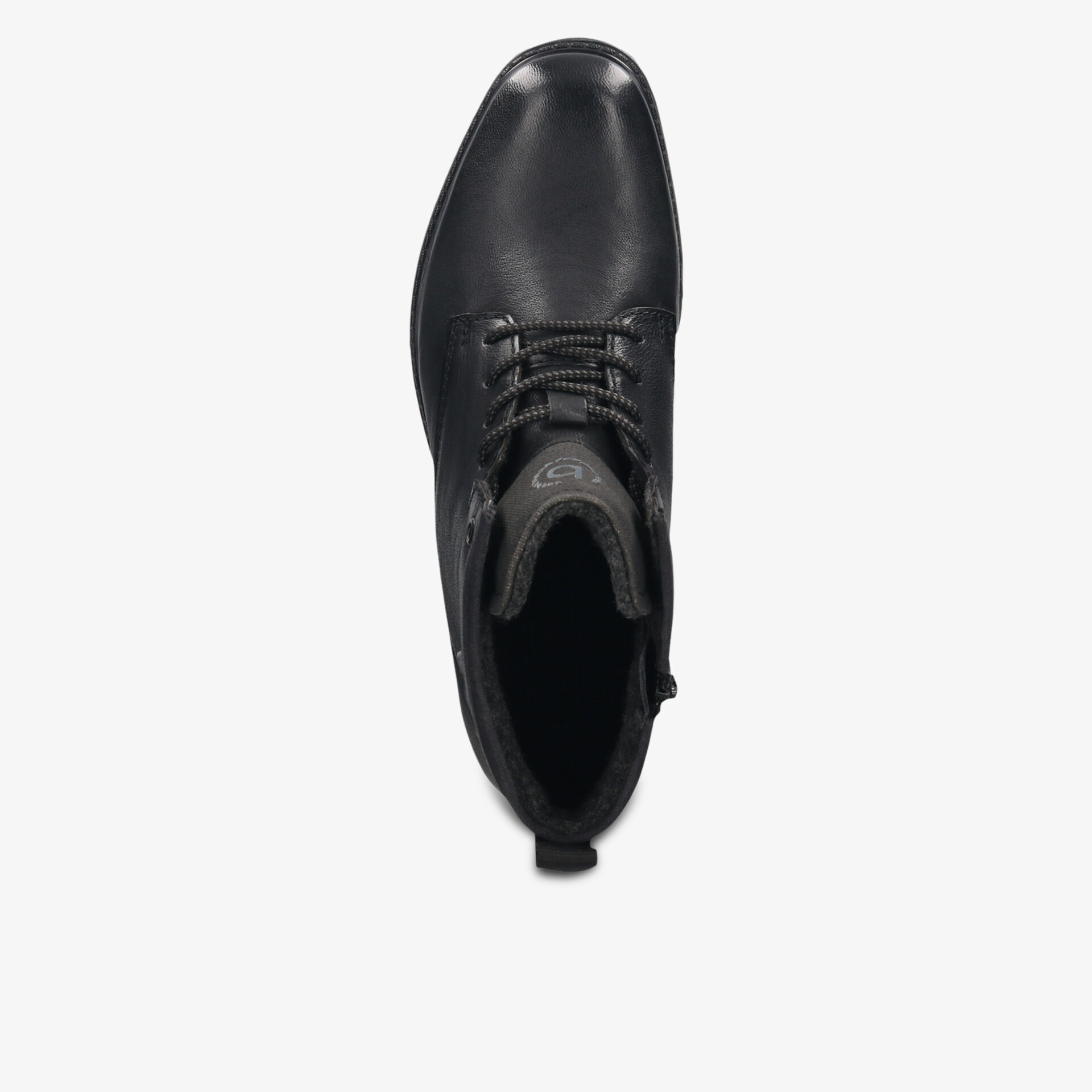 Eleganter schwarzer Lederstiefel mit feiner Schnürung und glatter Oberfläche in Draufsicht