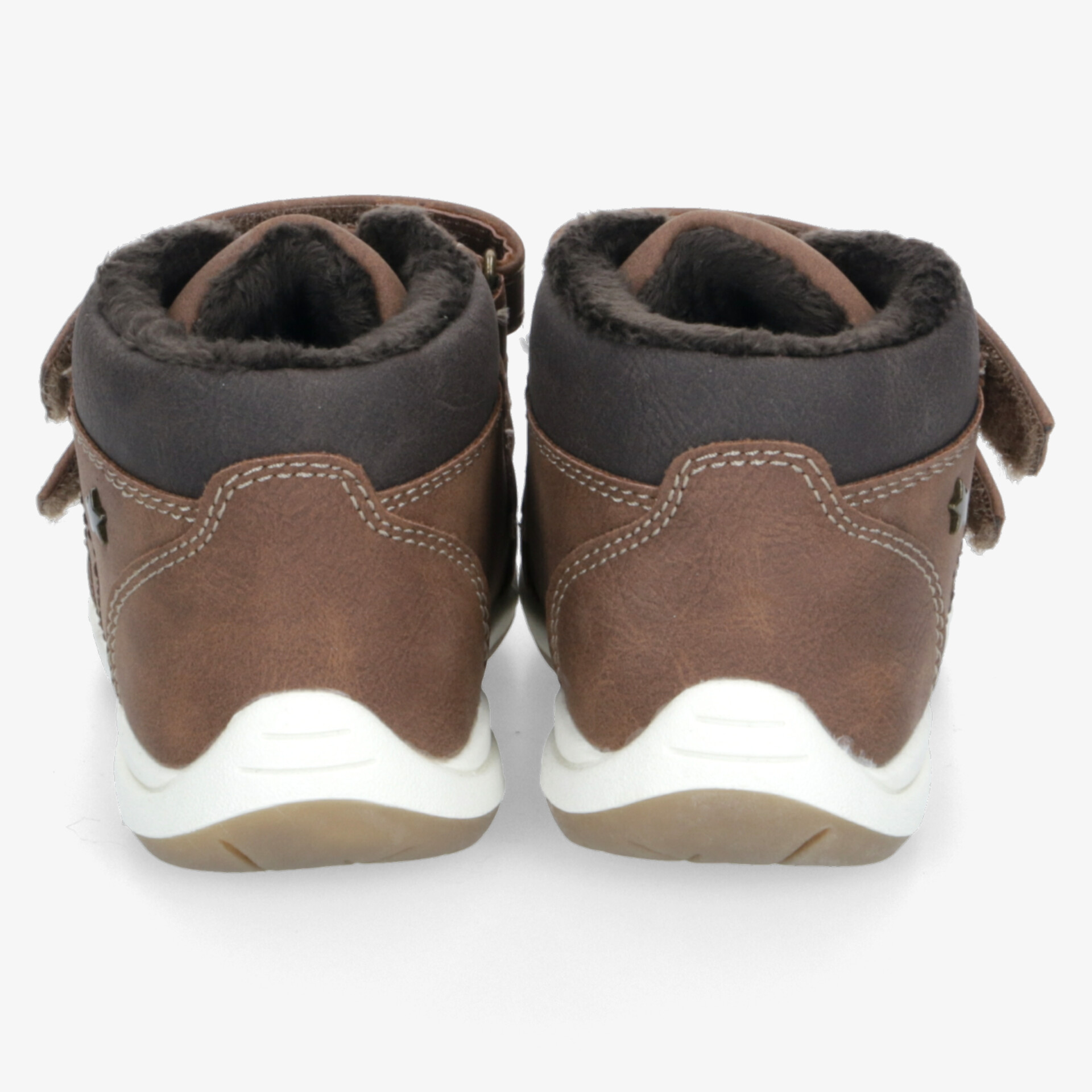 Robuste braune Sportschuhe mit gepolstertem Schaft und langlebiger rutschfester Sohle, Rückansicht