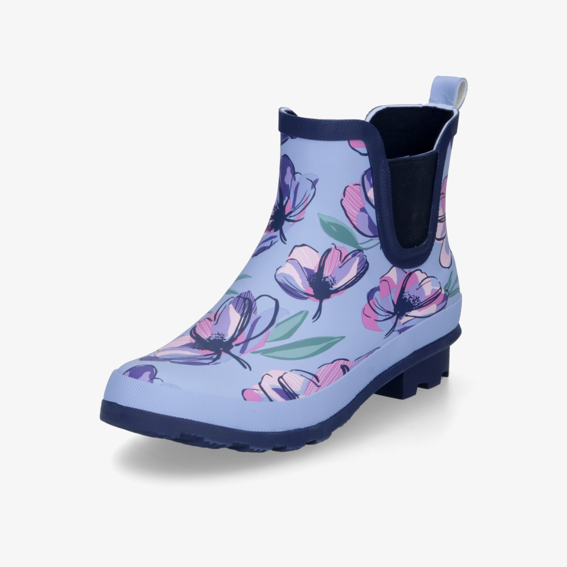 Wasserdichter Gummistiefel mit buntem Blumenmuster und elastischen Einsätzen für angenehmen Tragekomfort