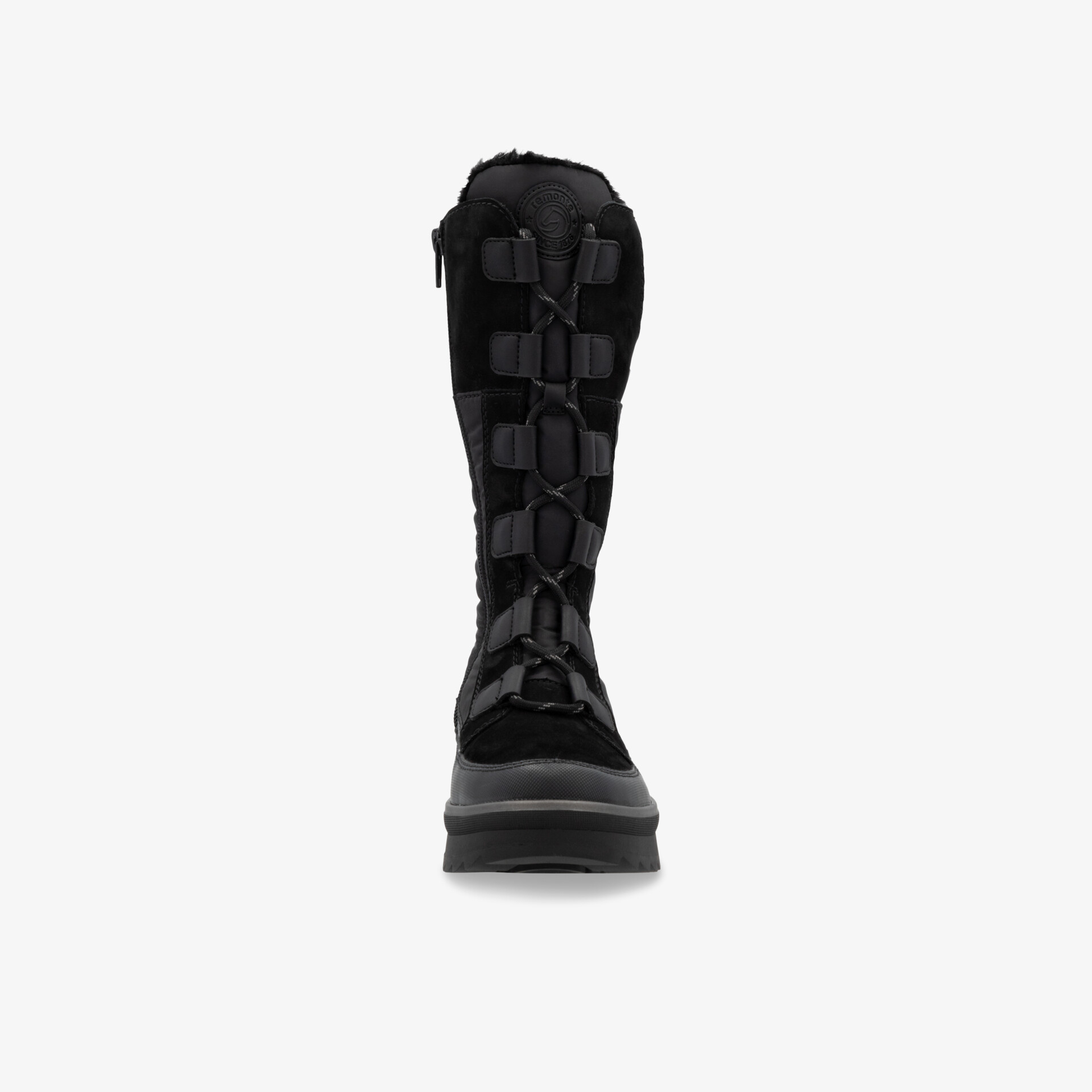 Robuster schwarzer Stiefel mit hoher Schafthöhe und rutschfester Sohle für sicheren Halt und Komfort