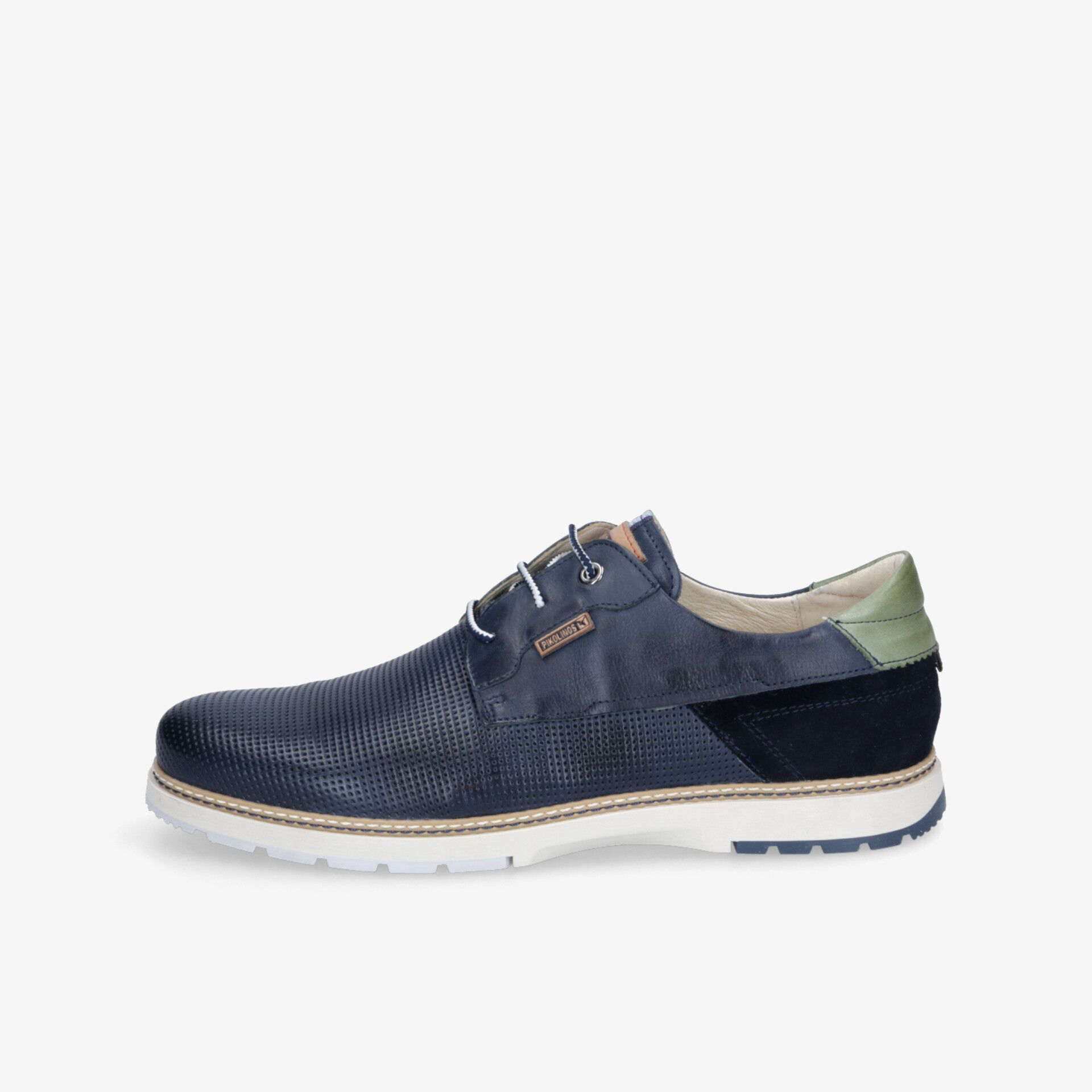 Eleganter blauer Lederhalbschuh mit Schnürung und leichter, sportiver Sohle in klarer Seitenansicht