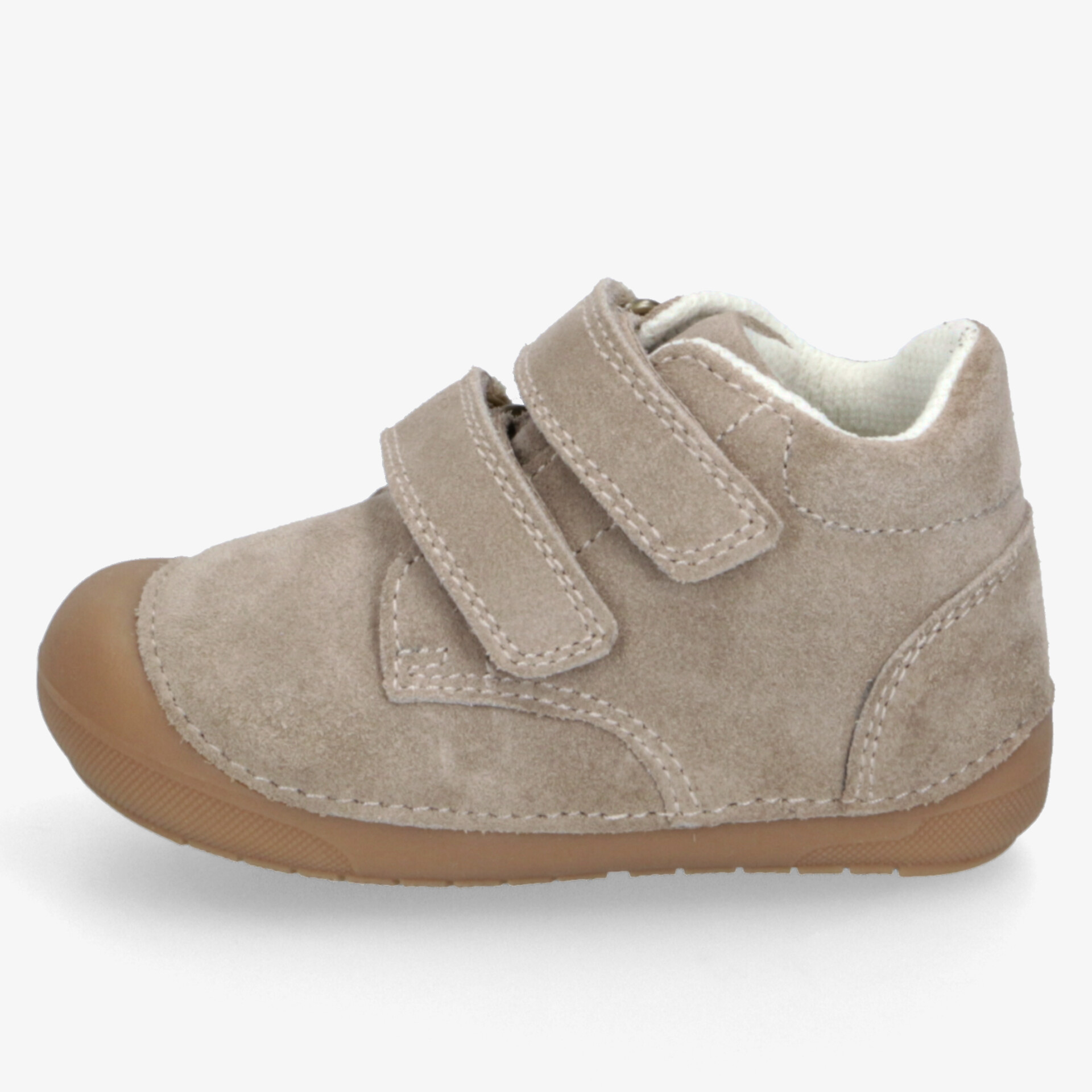 Beige Velcro-Schuhe mit rutschfester Gummisohle und weicher Innensohle, ideal für bequemen Laufkomfort.