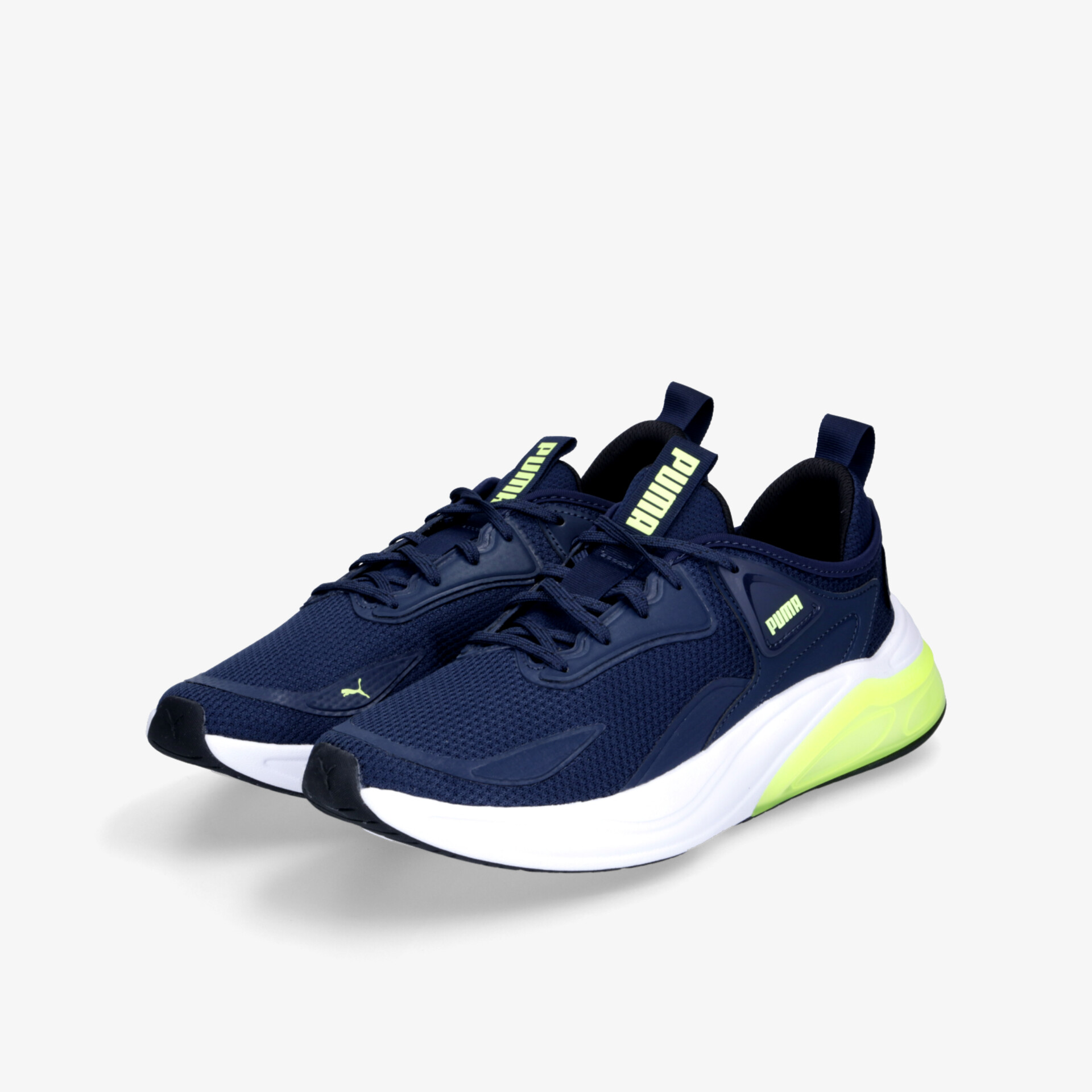 Sportlicher blauer Laufschuh mit gelben Akzenten, bequeme Passform und atmungsaktivem Material