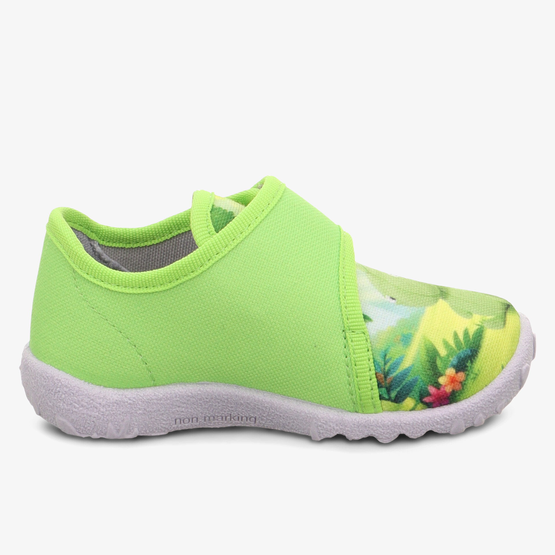 Grüner Kinderschuh mit flexiblem Einstieg und farbenfrohem, weichem Material für hohen Tragekomfort