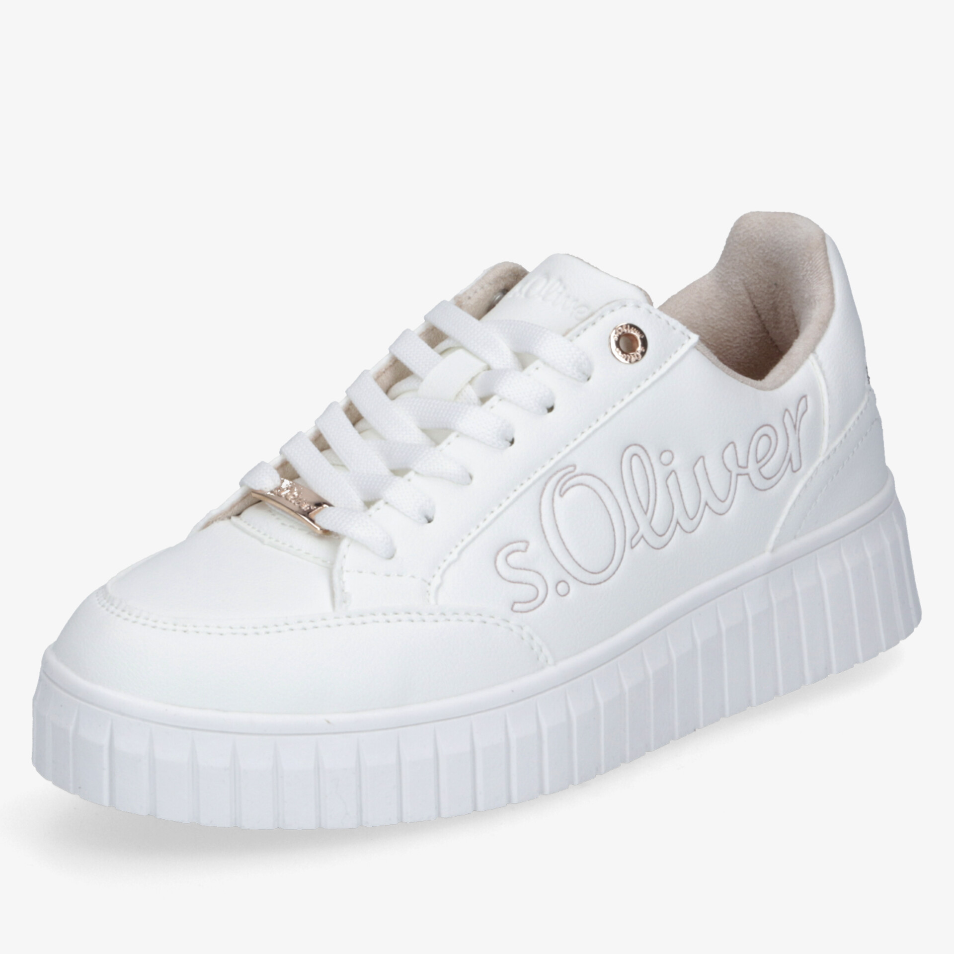 Moderner weißer Sneaker mit dicker, profilierter Sohle und sportlichem Design, ideal für Alltag und Komfort
