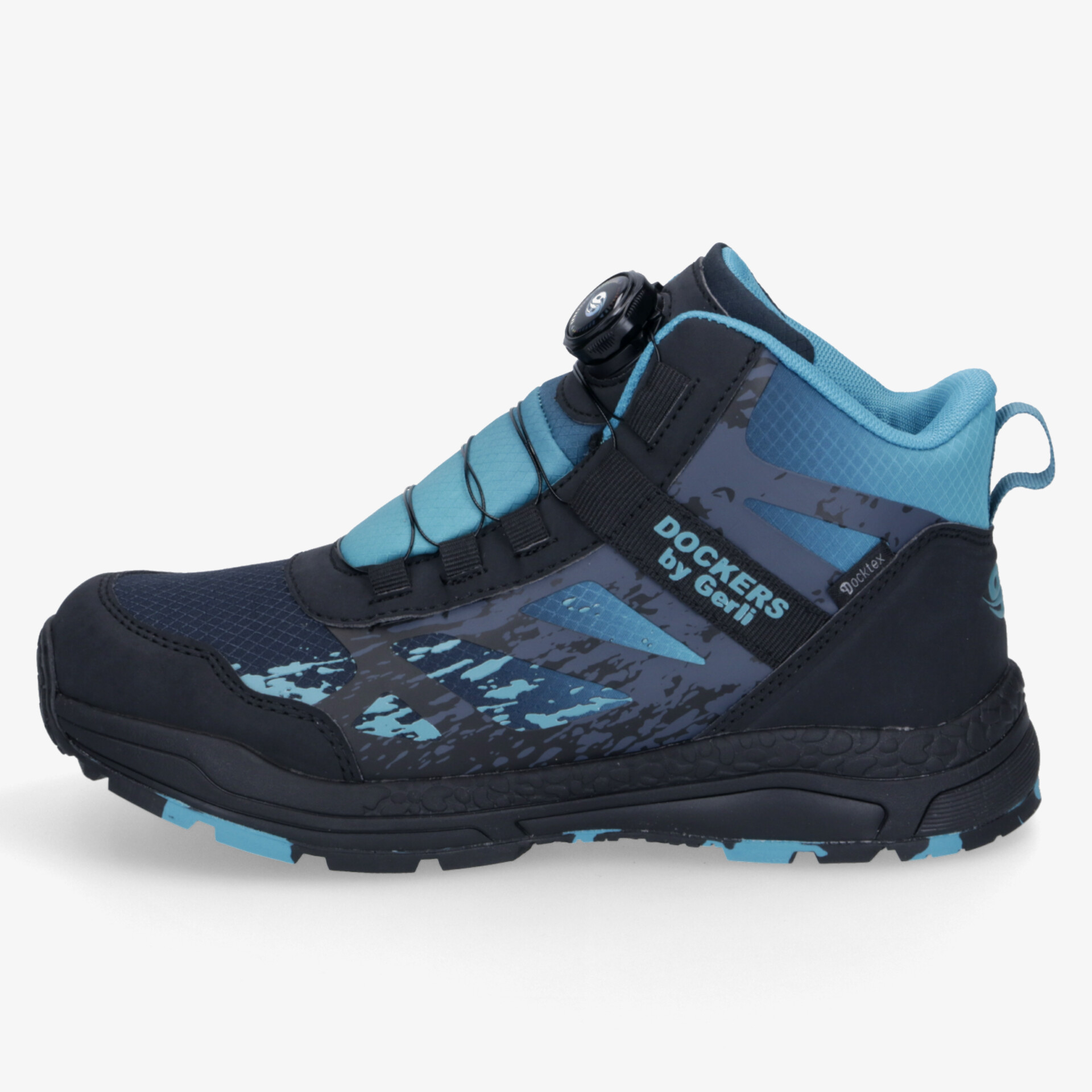 robuster blauer Trekkingschuh mit wetterfester Oberfläche und rutschfester Sohle, gepolstert und bequem