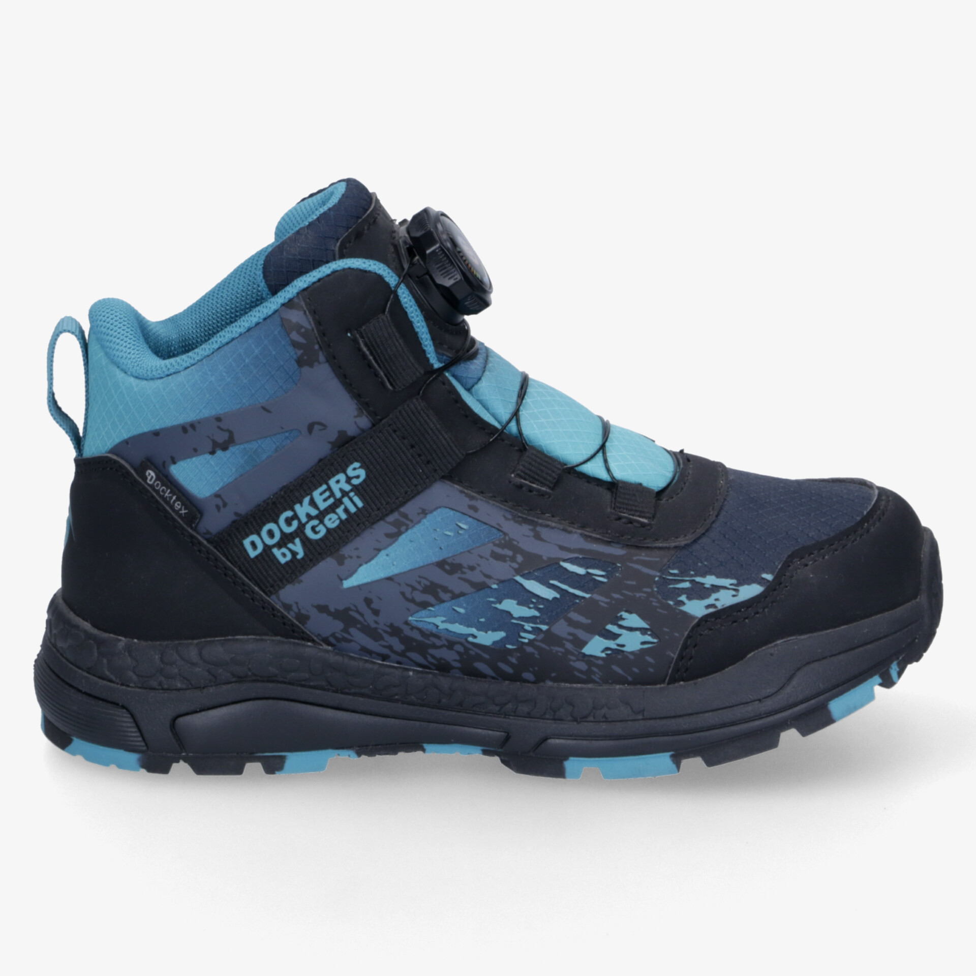 Robuster und komfortabler Sicherheitsstiefel mit wasserdichtem Material und rutschfester Sohle, seitliche Ansicht
