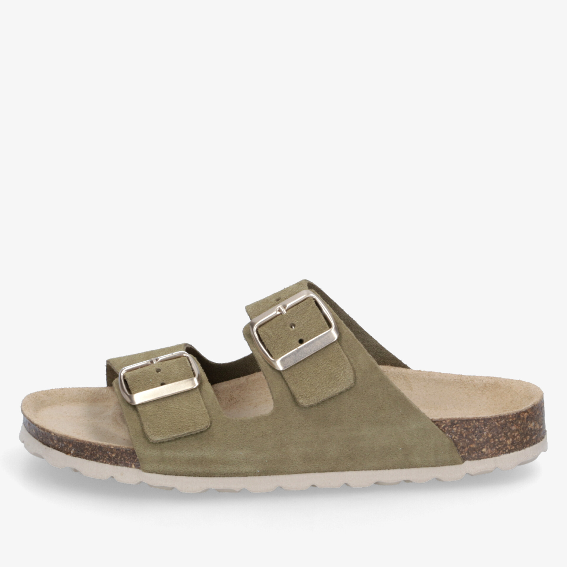 Seitenansicht einer komfortablen Sandale mit zwei verstellbaren Schnallen und weichem ergonomischem Fußbett