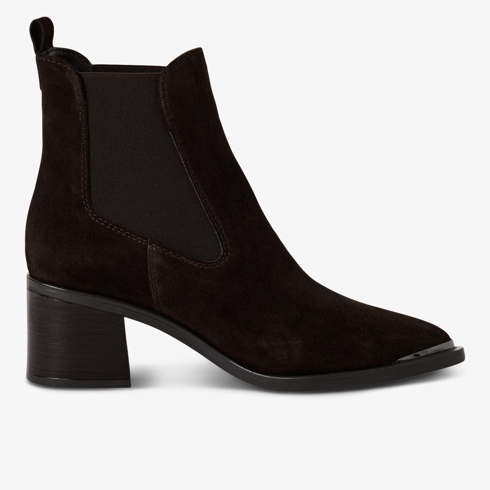 Schwarzer Chelsea Boot aus Veloursleder mit stabilem Blockabsatz und schnürsenkellosem Design für hohen Tragekomfort