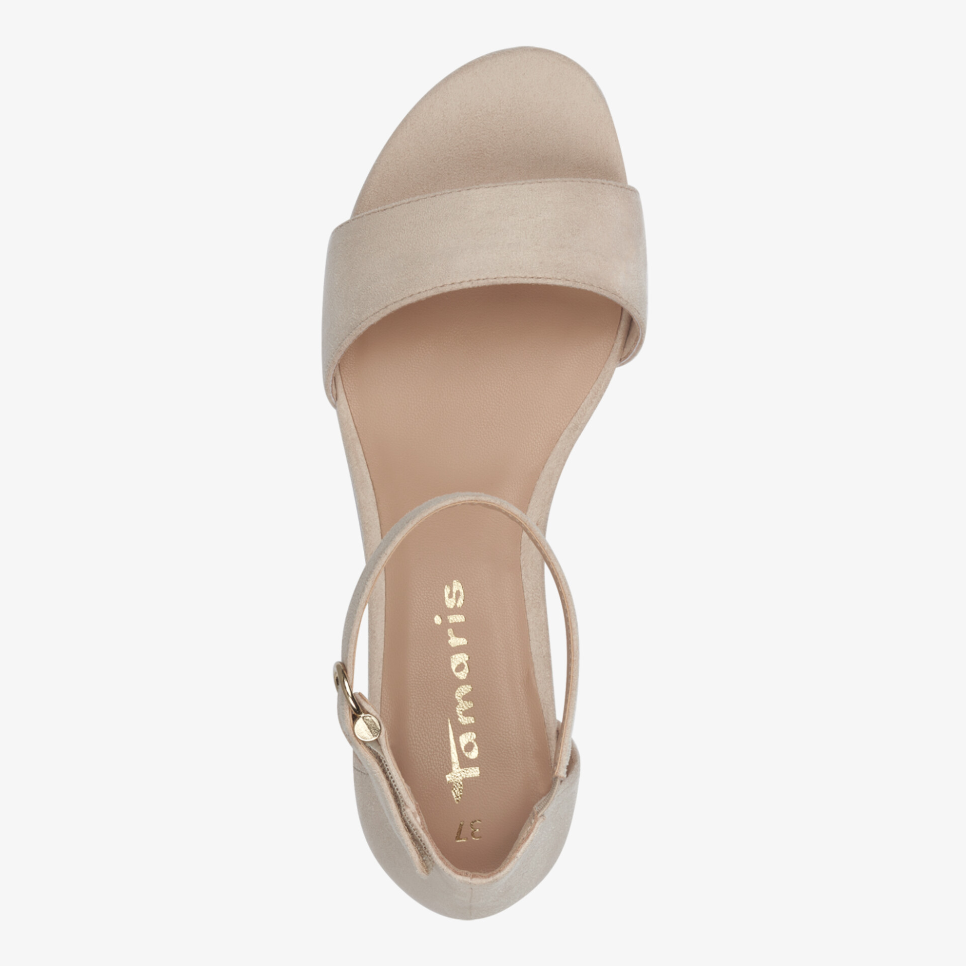 Elegante beige Sandale mit verstellbarem Riemen und bequemen Fußbett, ideal für stilvolle Anlässe.