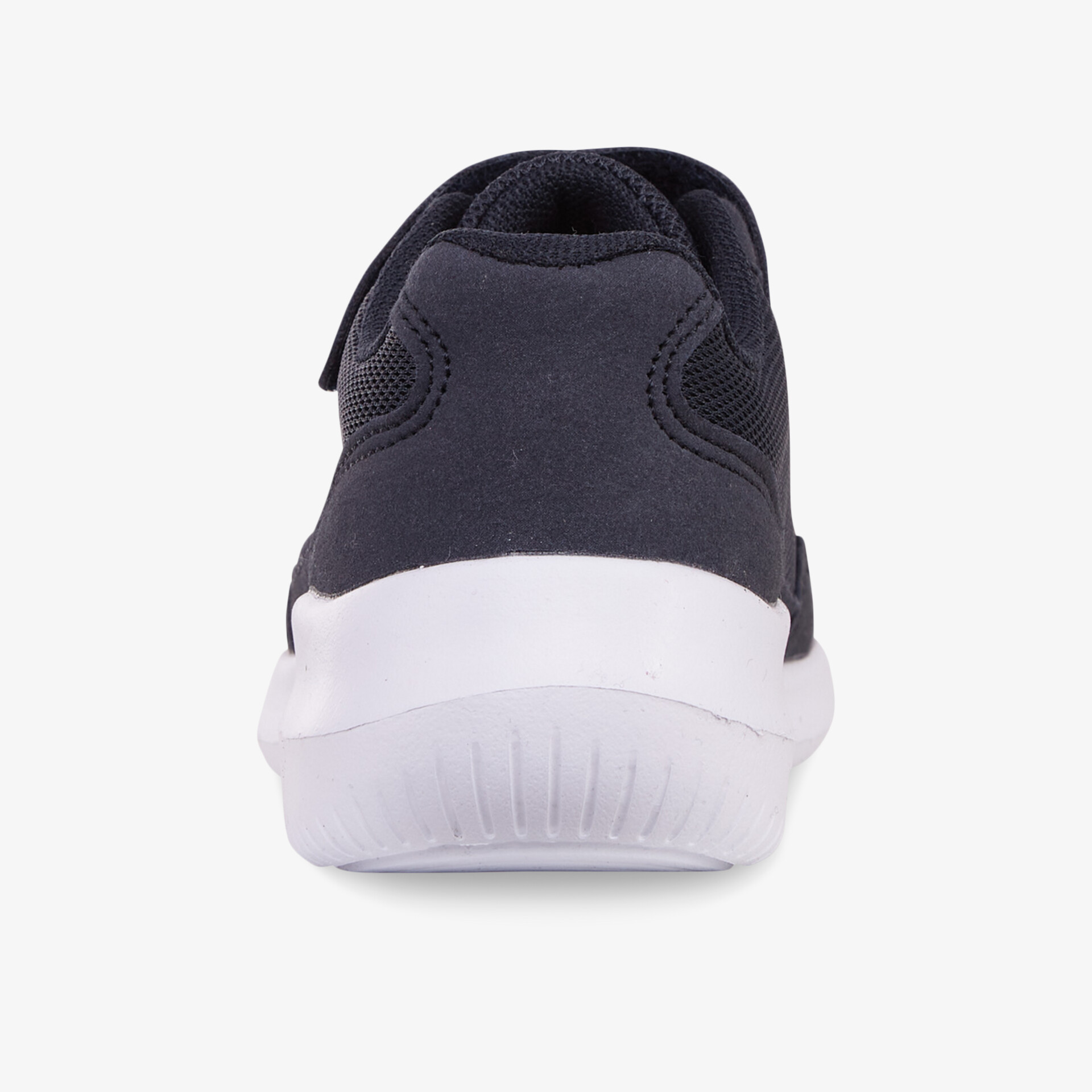 Schwarzer Schuh mit weißer Sohle in klarer Rückansicht, gepolsterter Schuhkragen für maximalen Komfort