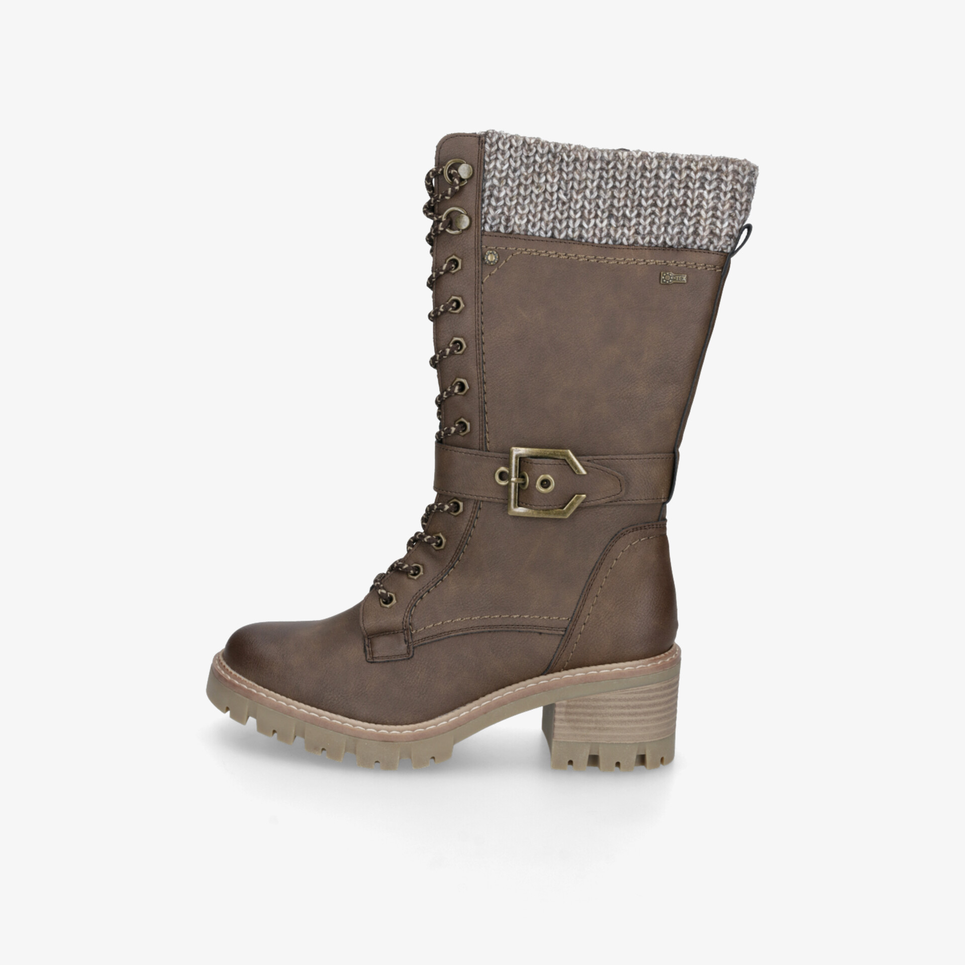 Robuster brauner Biker-Stiefel mit hohem Schaft, Schnürung, Profilsohle und verstellbarem Riemen seitlich