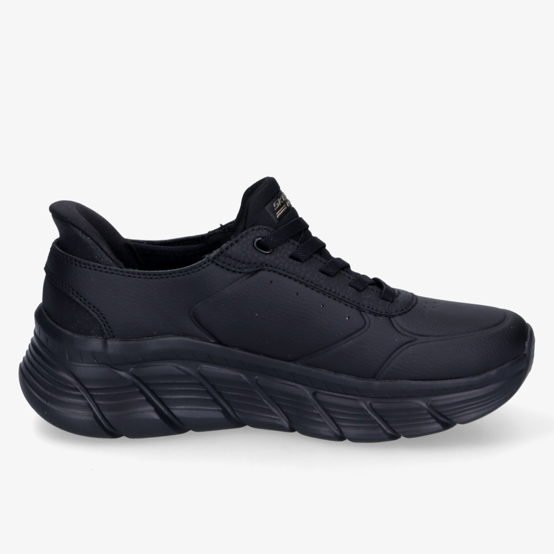 Leichter schwarzer Sneaker seitliche Ansicht mit gepolstertem Schaft und rutschfester, flexibler Sohle für optimalen Komfort