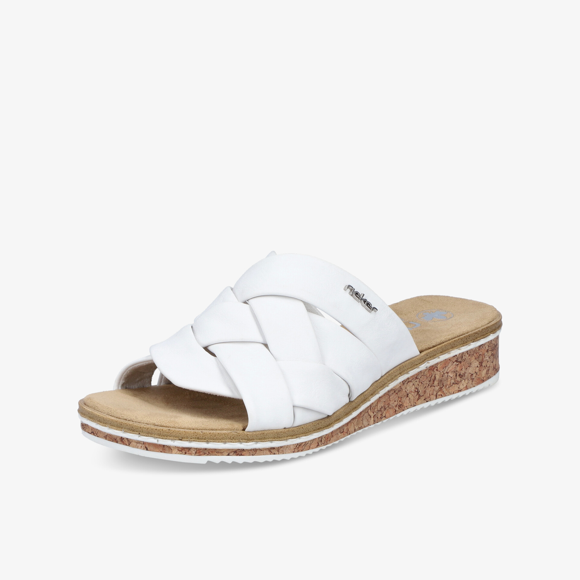 Weiße Sandalette mit geflochtenen Riemen und bequemer Korksohle, ideal für leichte, atmungsaktive Fußbekleidung