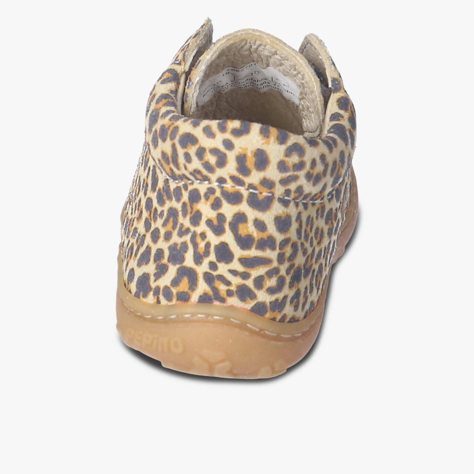 Rückansicht eines robusten Schuhs mit angesagtem Leopardenmuster und weichem, gemütlichem Innenfutter