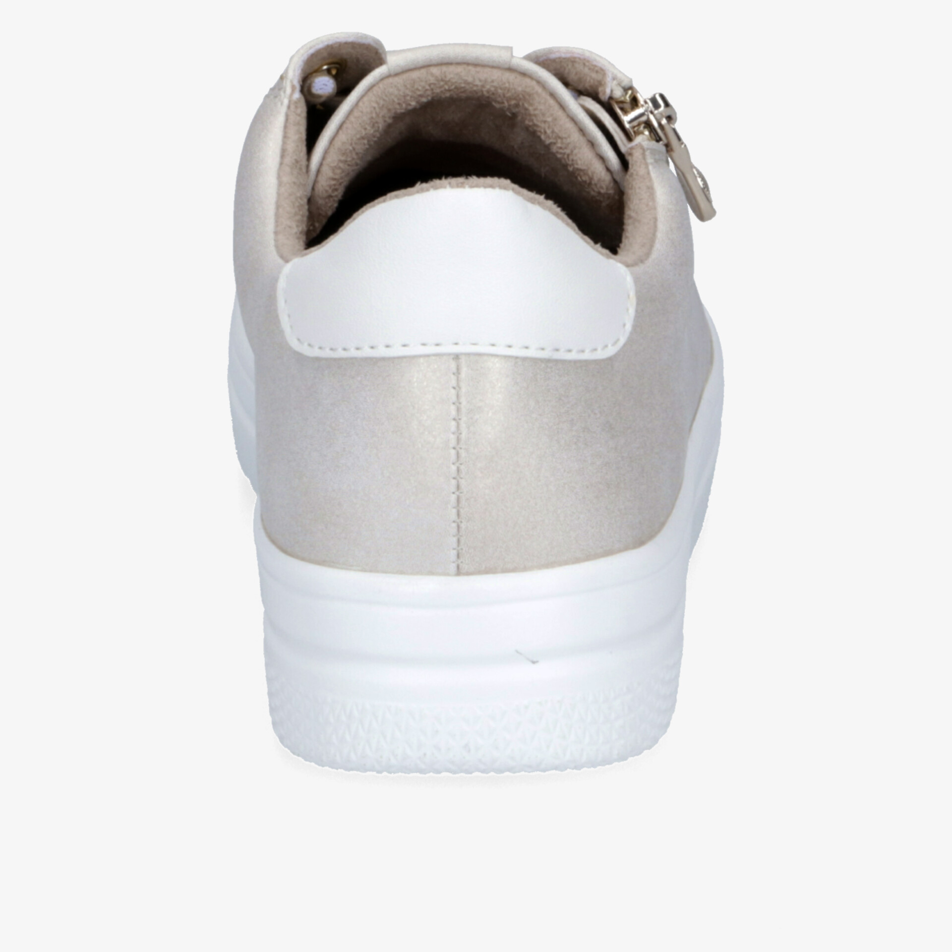 Eleganter beigefarbener Sneaker mit weißer Sohle und praktischem Reißverschluss für stylischen Komfort.