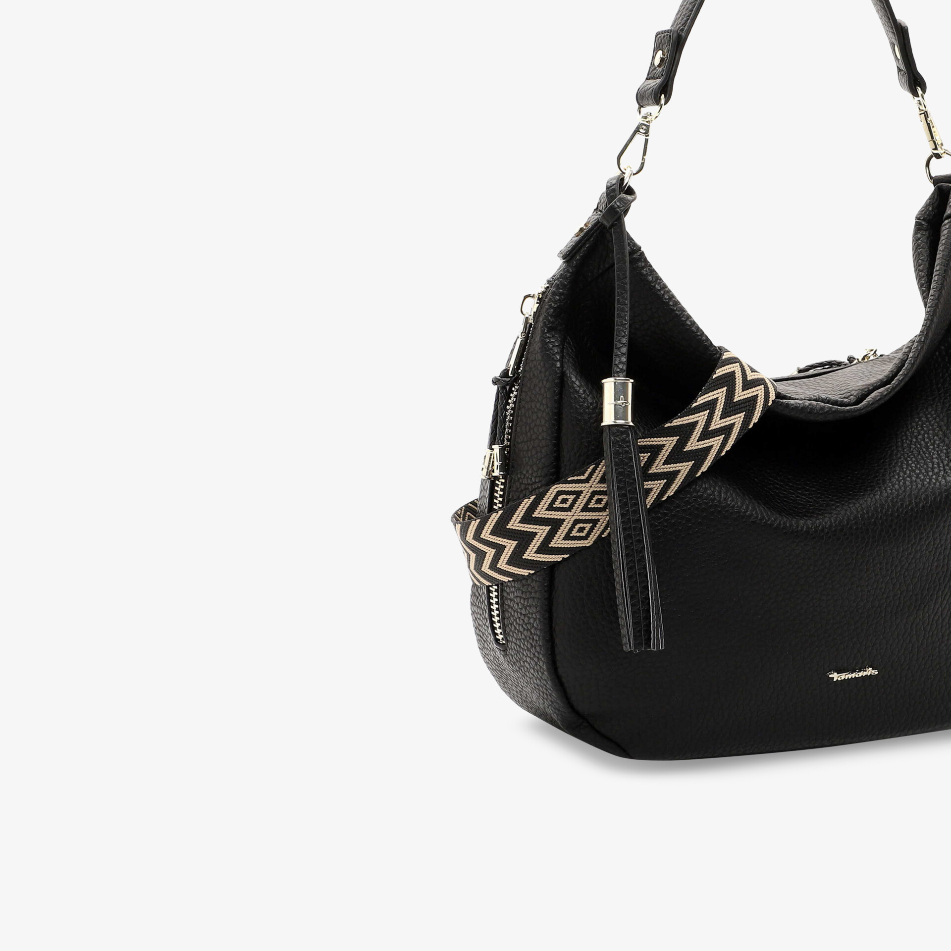 Schwarze Ledertasche mit modischem gepolstertem Schulterriemen und Quaste zeigt elegantes und geräumiges Design