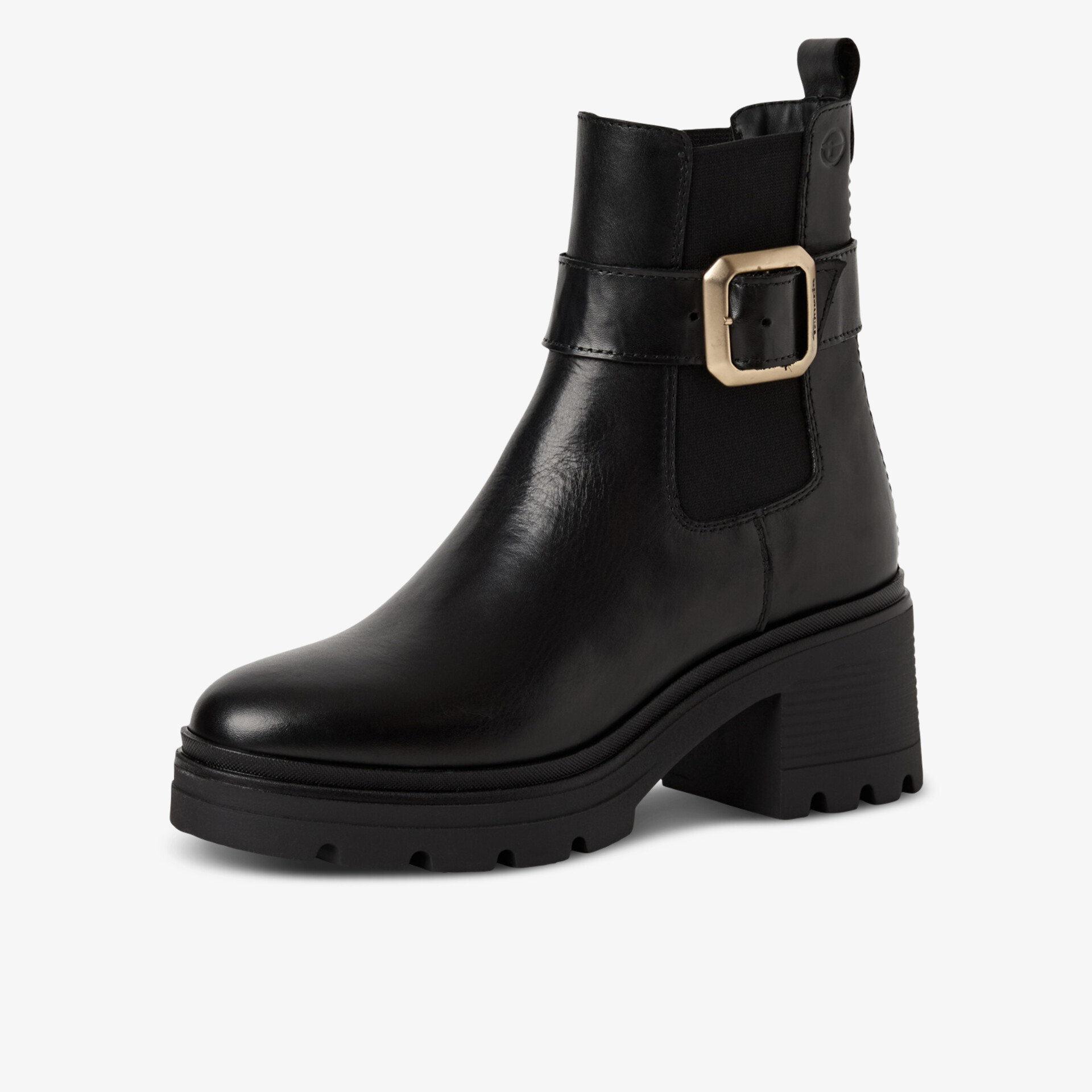 Schwarzer Lederstiefel mit robustem Absatz und dekorativer Schnalle für modischen Auftritt